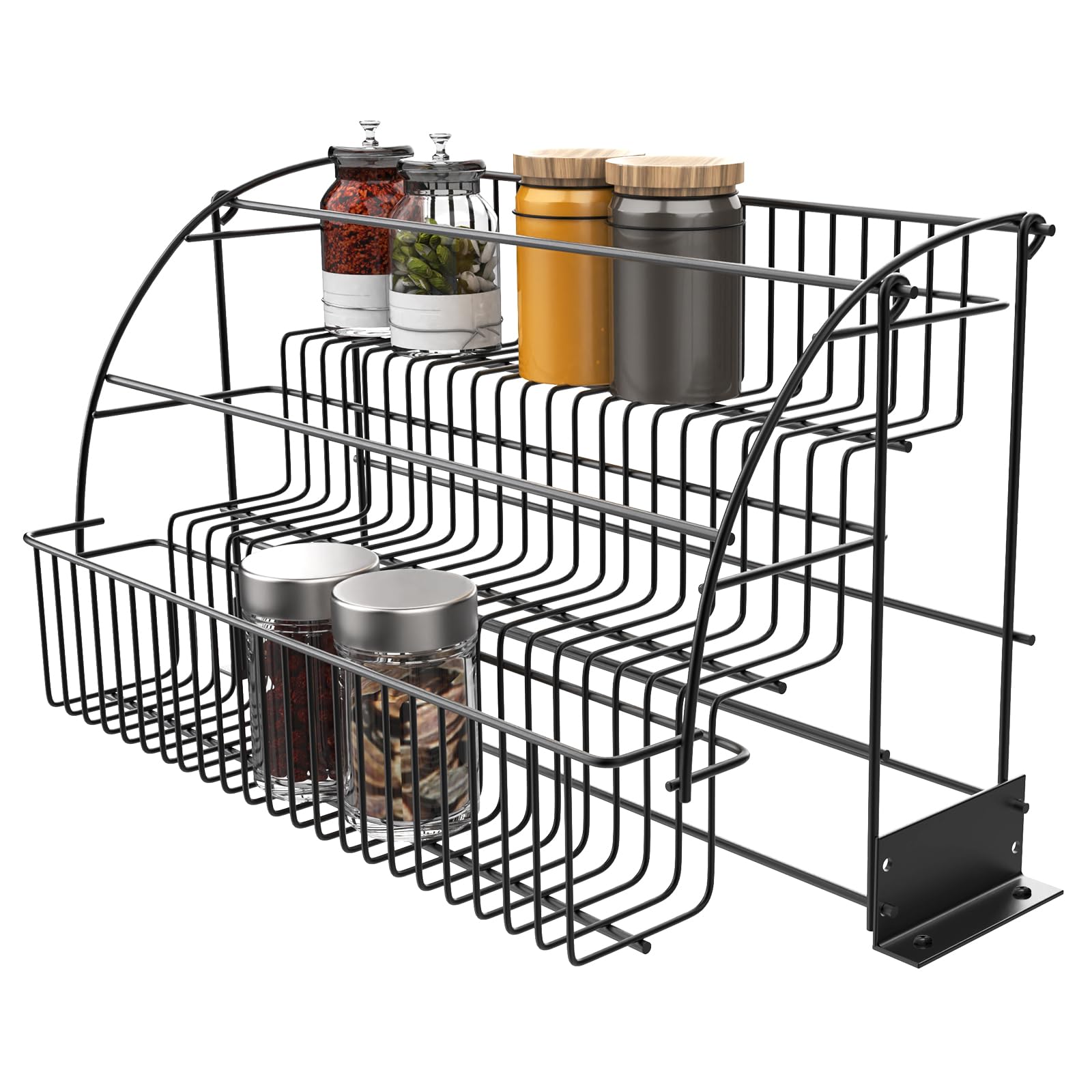 3-Tier Pull Down Spice Rack,Large Capacity Kitchen Storage Shelf Organizer Heightened Guardrail & Enlarged Mounting Plate for Cabinet/Pantry Holds Seasoning Jars Bottles Shakers Retractable Organizer