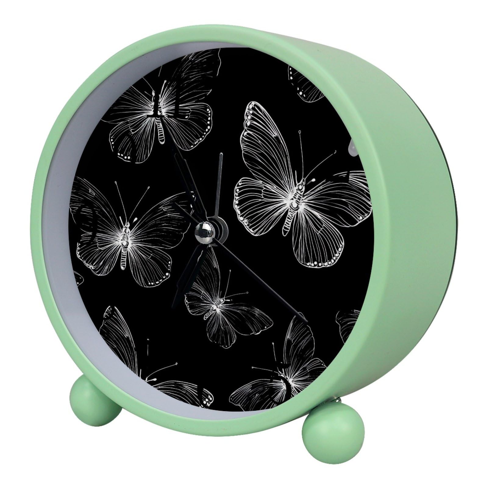 etoenbrc Butterflies Round Battery Operated Bedside Alarm Clocks Non-Ticking Desktop Silent Analog Alarm Clock with Light
