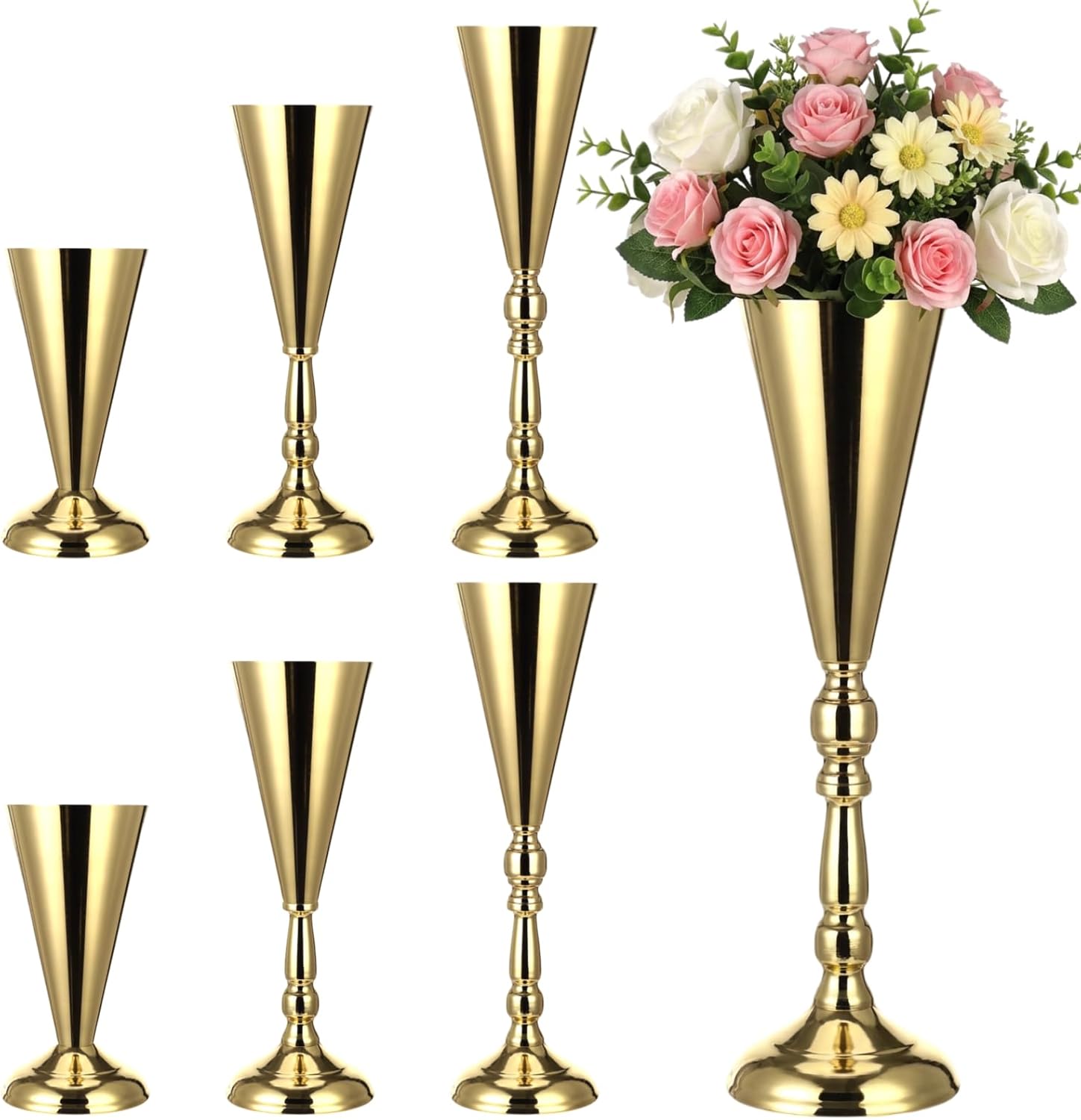 6 Pcs Golden Tall Vases Wedding Centerpieces, 3 Heights Metal Trumpet Pedestal Flower Vases with Golden Finish, Elegant Tabletop Floral Stands for Party Event Banquet Home Decor