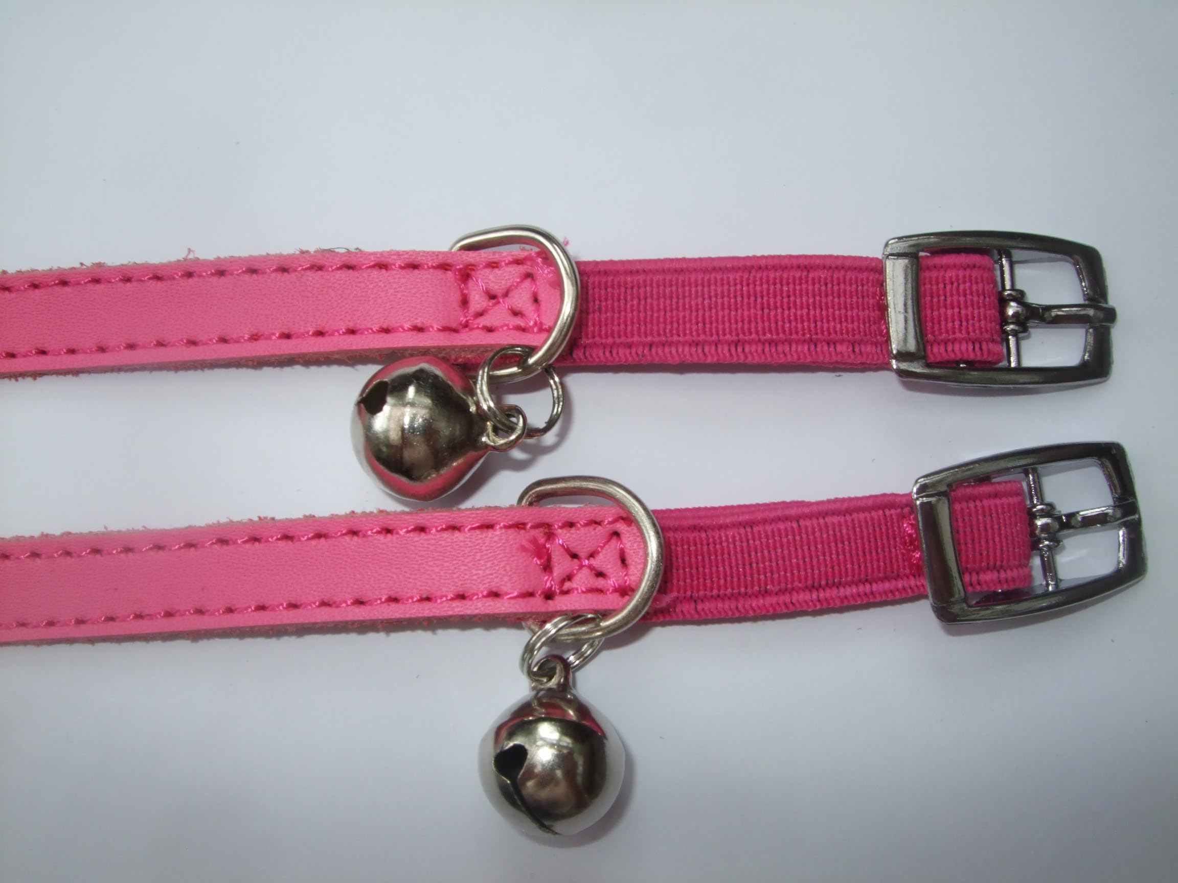 Cat Collar 2 pack set Real Leather Elasicated Safety Elastic bell, Pair Choose colours (Pink and Pink) - Image 3
