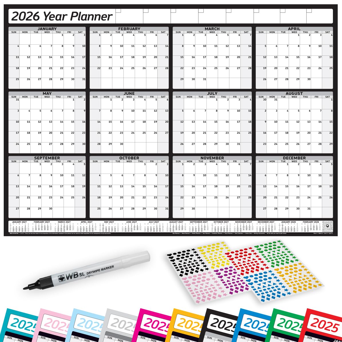 2025 2026 2027 Lamintaed Wall Planner Calendar Chart, 12 Months, January - December With Pen and Stickers (Black 2026, Medium 35cm x 49cm Folded)