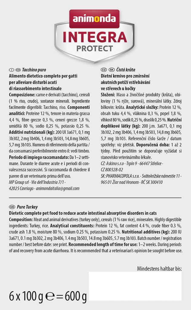 animonda INTEGRA PROTECT Intestinal Pur indyk (6 x 100 g), dietetyczna karma dla kotów w przypadku biegunki i wymiotów, karma dla kotów z indykiem i ryżem, łatwo przyswajalna mokra karma dla kotów