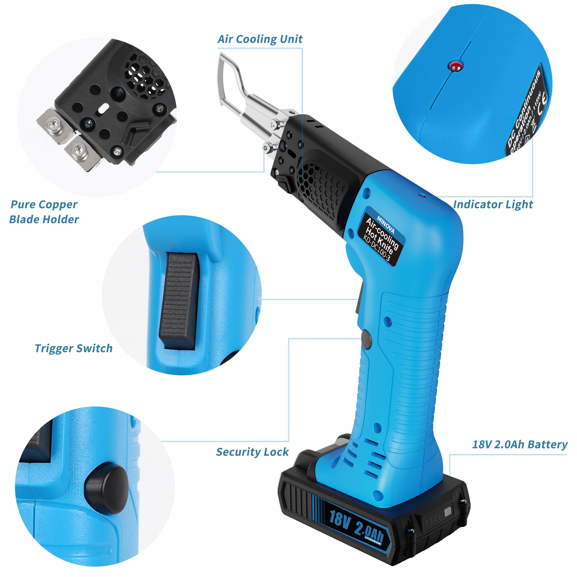 MINOVA Akku-Styrocutter KD-DC-100-3 Luftkühler kabelloser Seilschneider Pro Elektrischer Heißmesser Stoffschneider Seilschneidwerkzeug-Set (2.0Ah 18V)