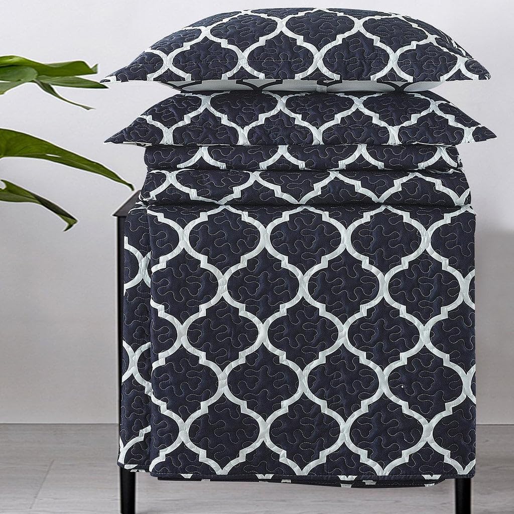Royal Tradition Meridian-Navy Reversible Coverlets, California King Over-Sized 3pc Quilt Set (110-Inch Wide x 96-Inch Long) Lightweight Bedspread