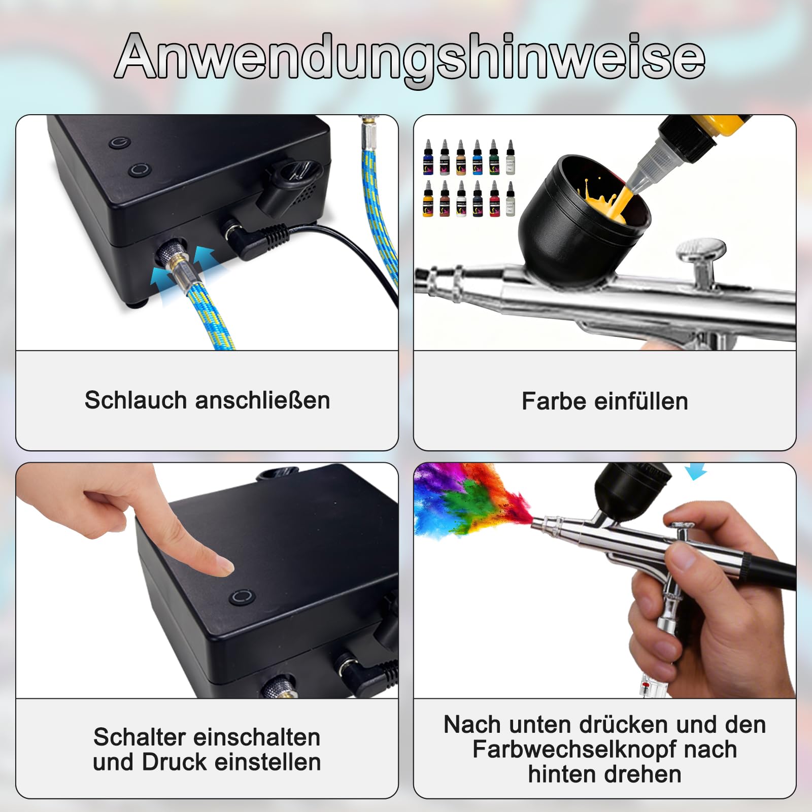 55PSI Airbrush-Set mit Kompressor, Doppelwirkungs-Airbrush mit 3 Modi und 0,2/0,3/0,5 mm Düsen, Enthält 10 Flaschen Acrylfarbe und 2 Flaschen Reinigungslösung Geeignet für Bastelarbeiten, Tattoos us.