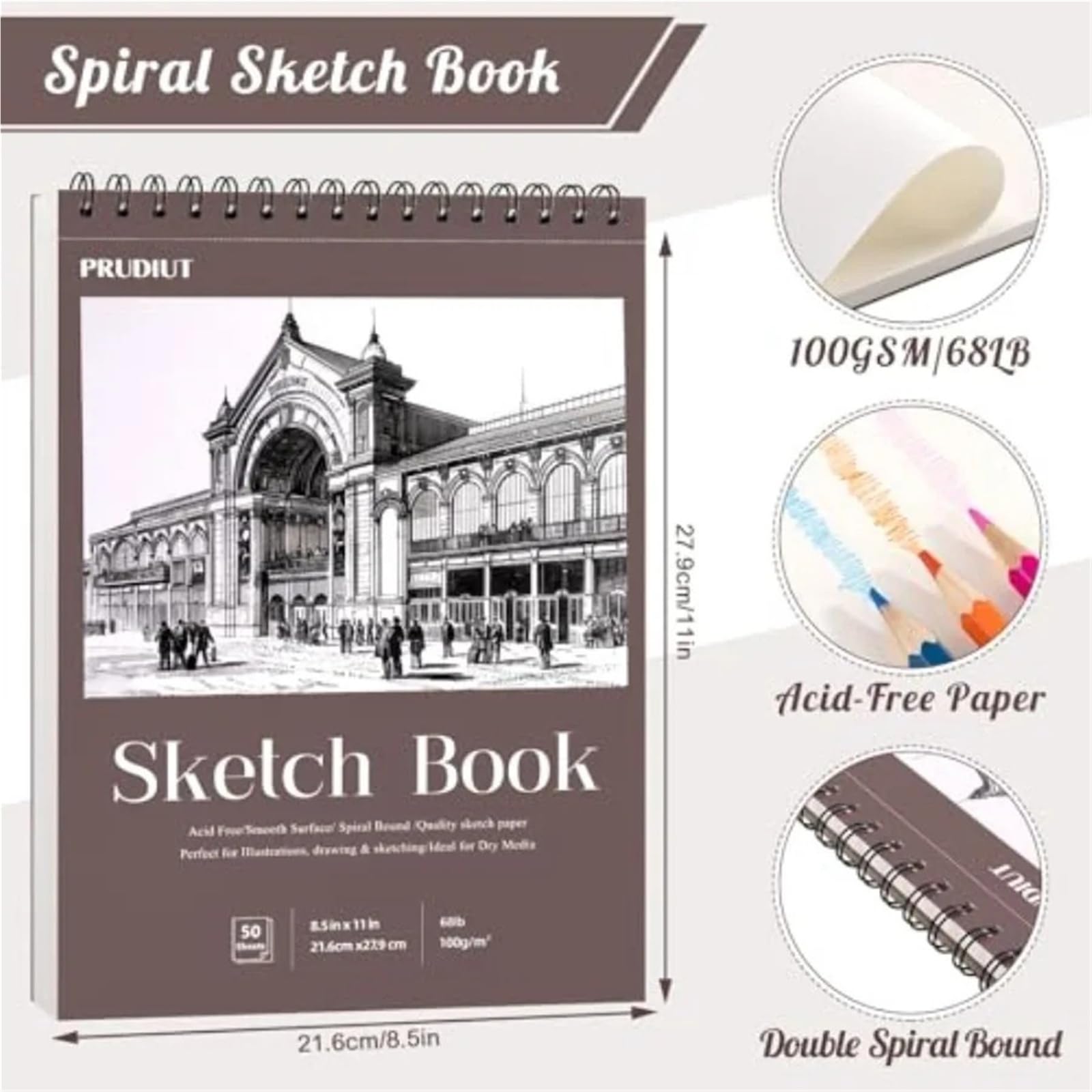 Album Da Disegno Con Rilegatura A Spirale Quaderno for schizzi 8,5×11 pollici, blocco con rilegatura a spirale 50 fogli da 68 libbre/100 g/m², quaderno for schizzi for disegno(8.5x11inch(1Pack))