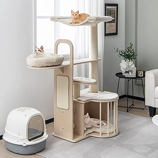 Tangkula Tall Cat Tree for Indoor Cats, 55 Inch Multi-Level Cat Tower Activity Center with Hammock, Cat Condo, Sisal Scratching Posts & Washable Cushions, Wooden Modern Cat Tree Houses for Large Cats
