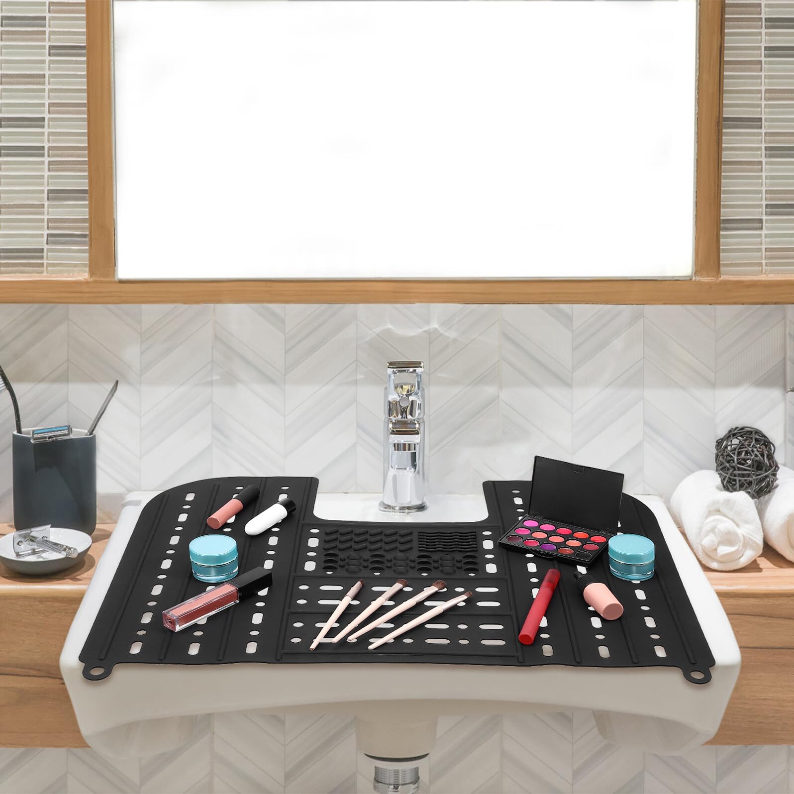 Alfombrilla Plegable de Silicona para Lavabo de Baño Cubierta Multifuncional para Fregadero con Organizador y Secado Rápido Resistente y Ahorra Espacio Color Negro