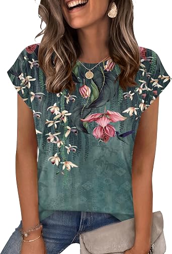 LOMON Womens Summer Tops Short Sleeve Shirts Cap Sleeve Tops Crew Neck Cute Trendy Tunic Blouses Dressy Casual Outfits 2026