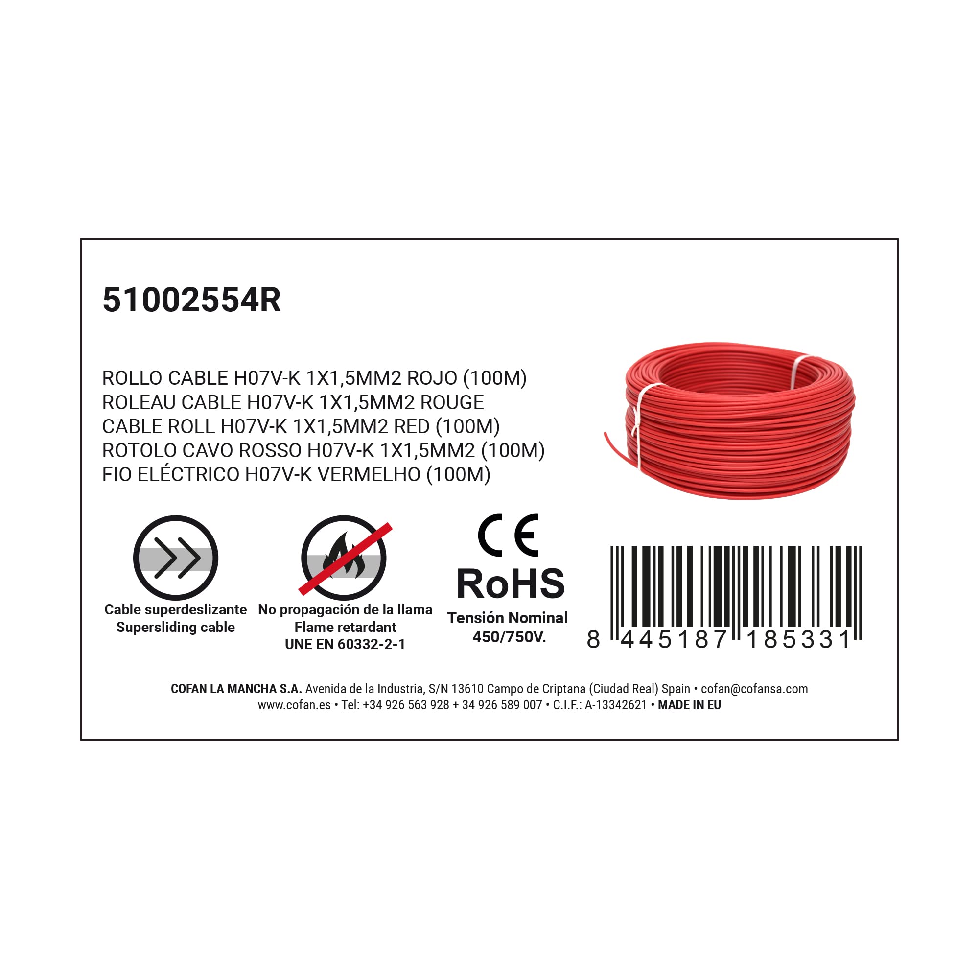 Rollo Cable Eléctrico de 100 m | H07V-K | Sección 1 x 1,5 mm2 | Color rojo