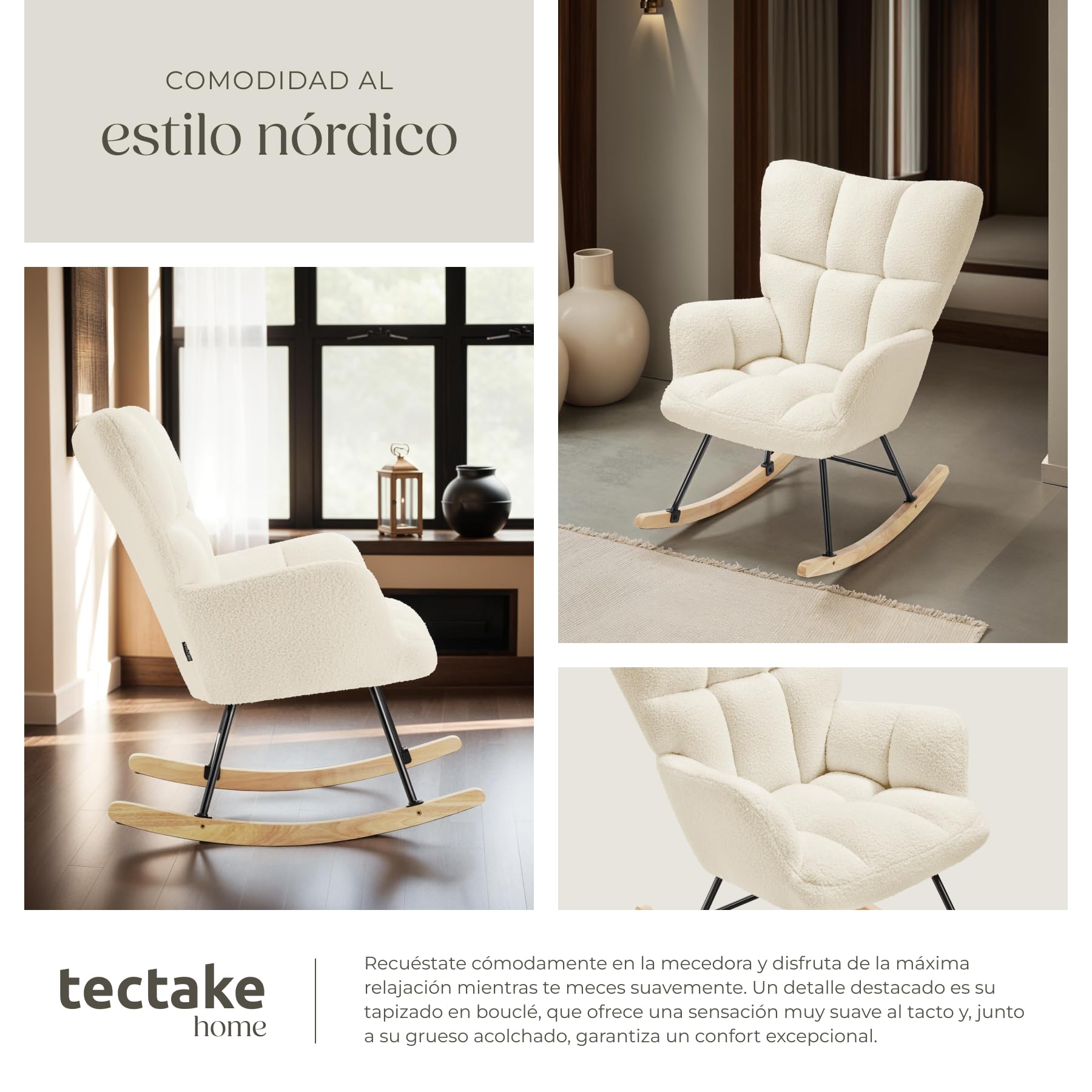 tectake® Mecedora Tapizada, Silla Mecedora, Butaca de Salón con Estructura en Acero y Patines de Madera, Silla Lectura, Sillón Lactancia, Sillón Nórdico Dormitorio, Butaca Relax - Beige
