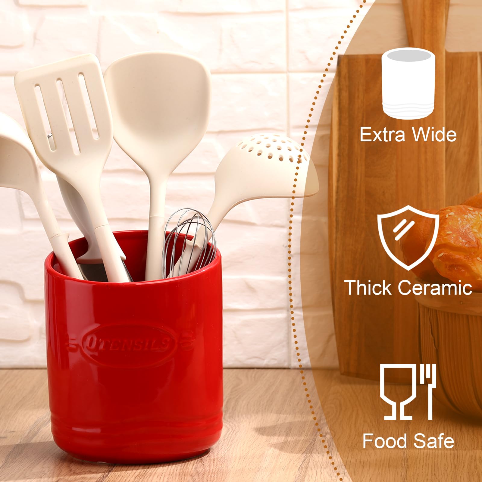 Large Red Ceramic Utensil Holder - Farmhouse Kitchen Organizer With Slanted Mouth