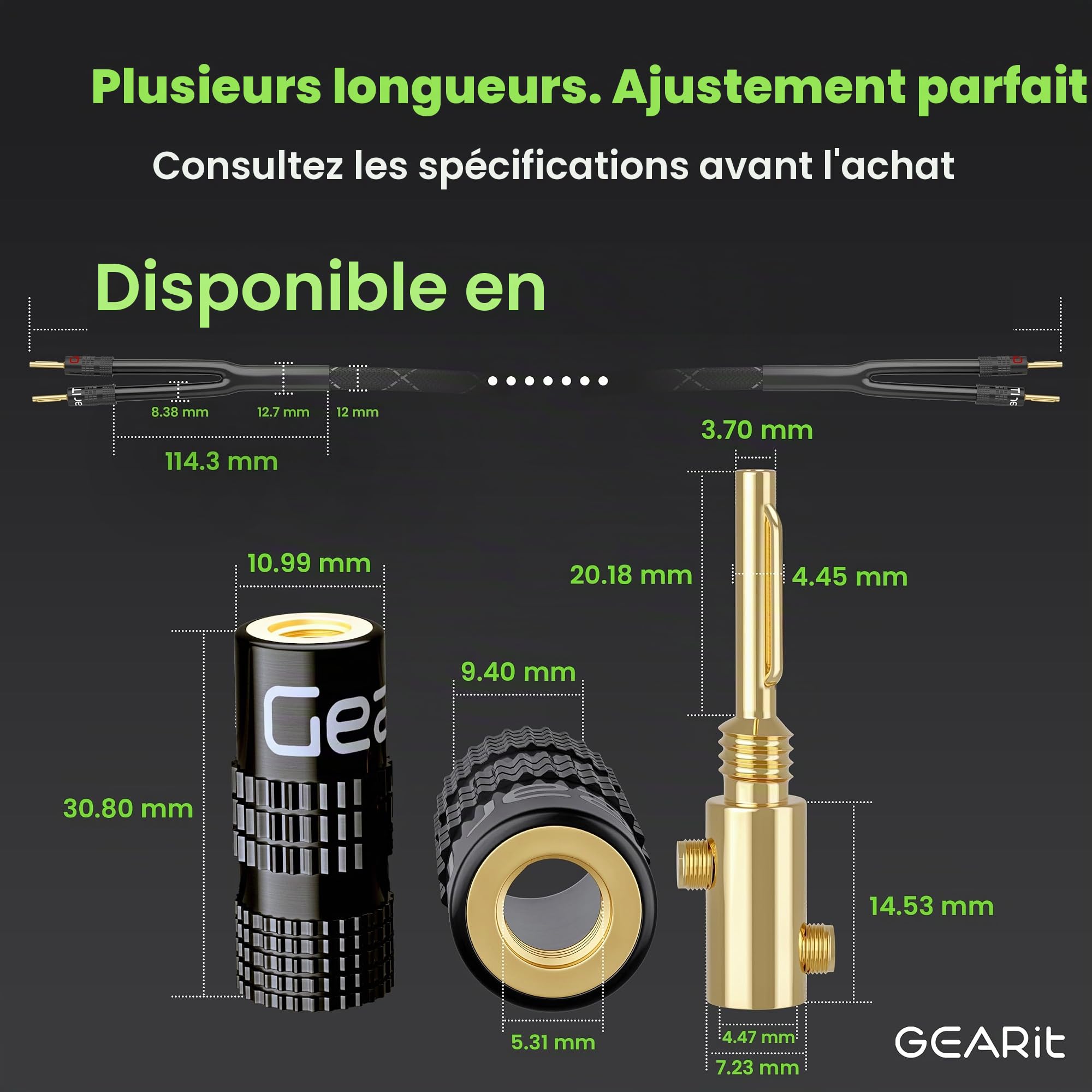 GEARit Câble de haut-parleur OFC de calibre 10 avec fiches bananes - Câble de haut-parleur certifié CL2 avec embouts plaqués or - Audio haute fidélité pour audiophiles, Hi-Fi, bi-fil, bi-amplificateur