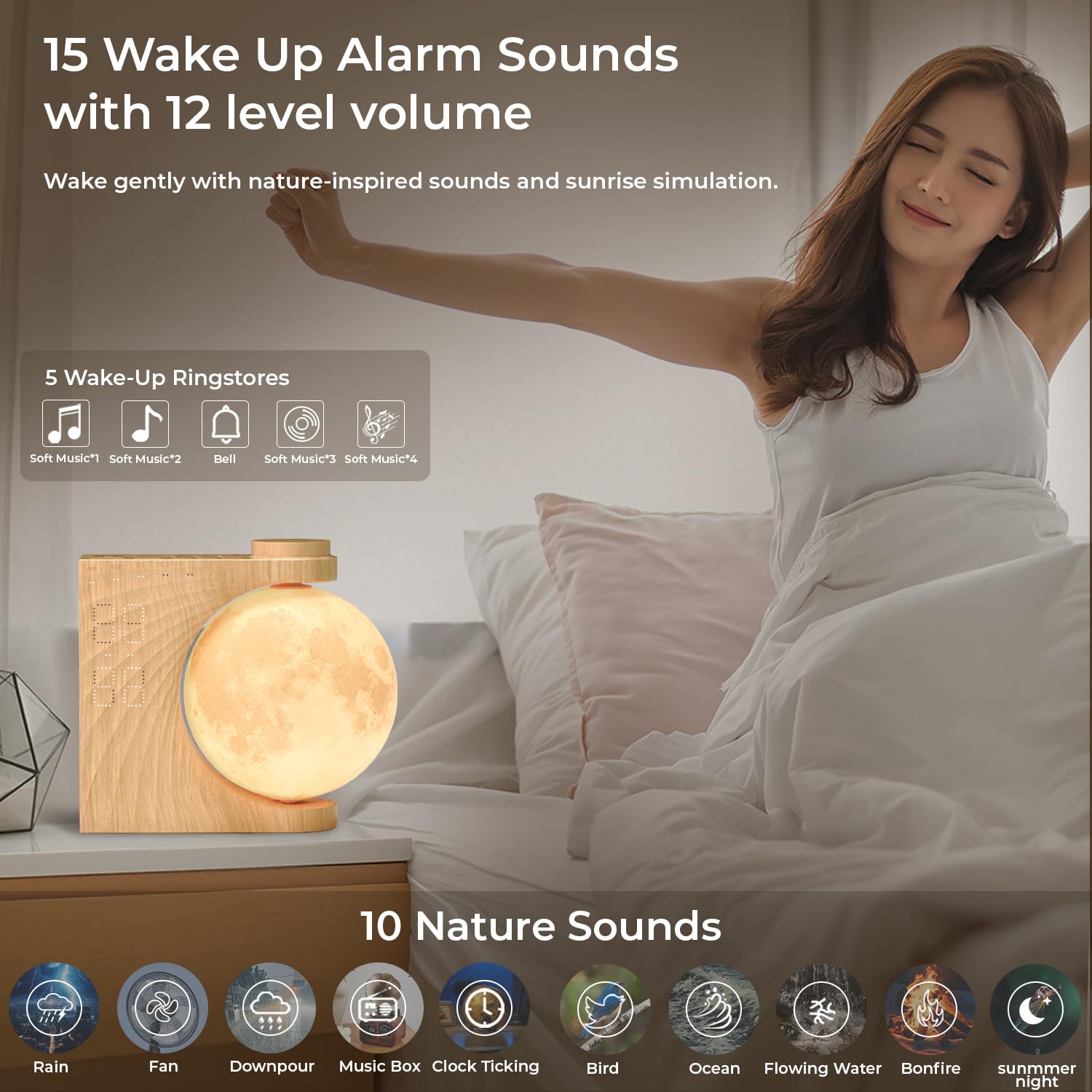 Tageslichtwecker mit 2 Wecker,Lichtwecker,Sonnenaufgang Wecker,Schlafzimmer,Wohnzimmer, Doppelalarme,Schlummerfunktion,Aufwachlicht,10 Naturgeräusche,8 Farben（Nicht aus Holz）