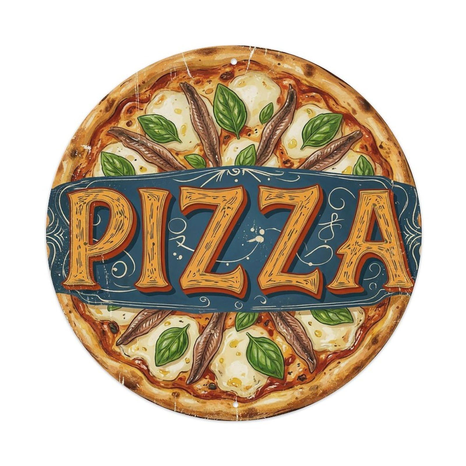 Vintage Pizza Anchovy Mozzarella Basil Food Decoration Metal Tin Sign