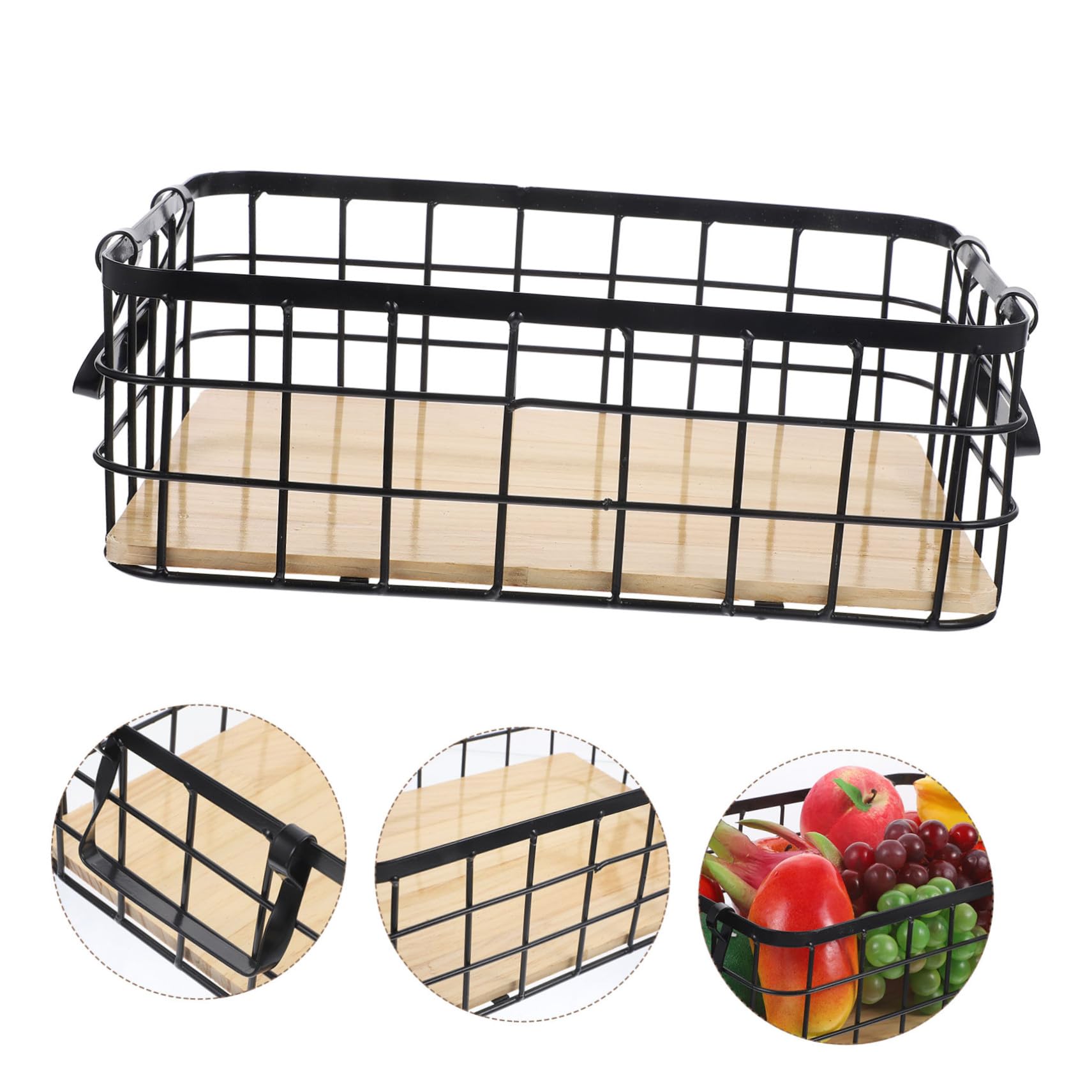 Cesta de Almacenamiento Metálica Pequeña con Asas Base de Madera Resistente y Apilable Organizador Multifuncional para Cocina y Baño Color Negro