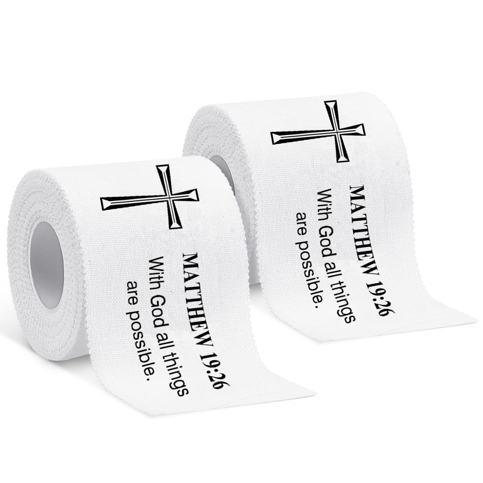 MiniInflat 2 Pcs Cross Tape Christian Athletic Tape Sports Wrap 2in x 23ft Jesus Cotton Wrist Wrap for Soccer Football Baseball Gymnastics Boxing Christian Church Gifts(White,Matthew 19:26)