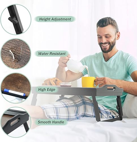 Miniatura 7 de Paquete de 2 bandejas de cama para mesa de desayuno, bandejas de servicio de altura ajustable para comer, bandeja de bambú para laptop con patas