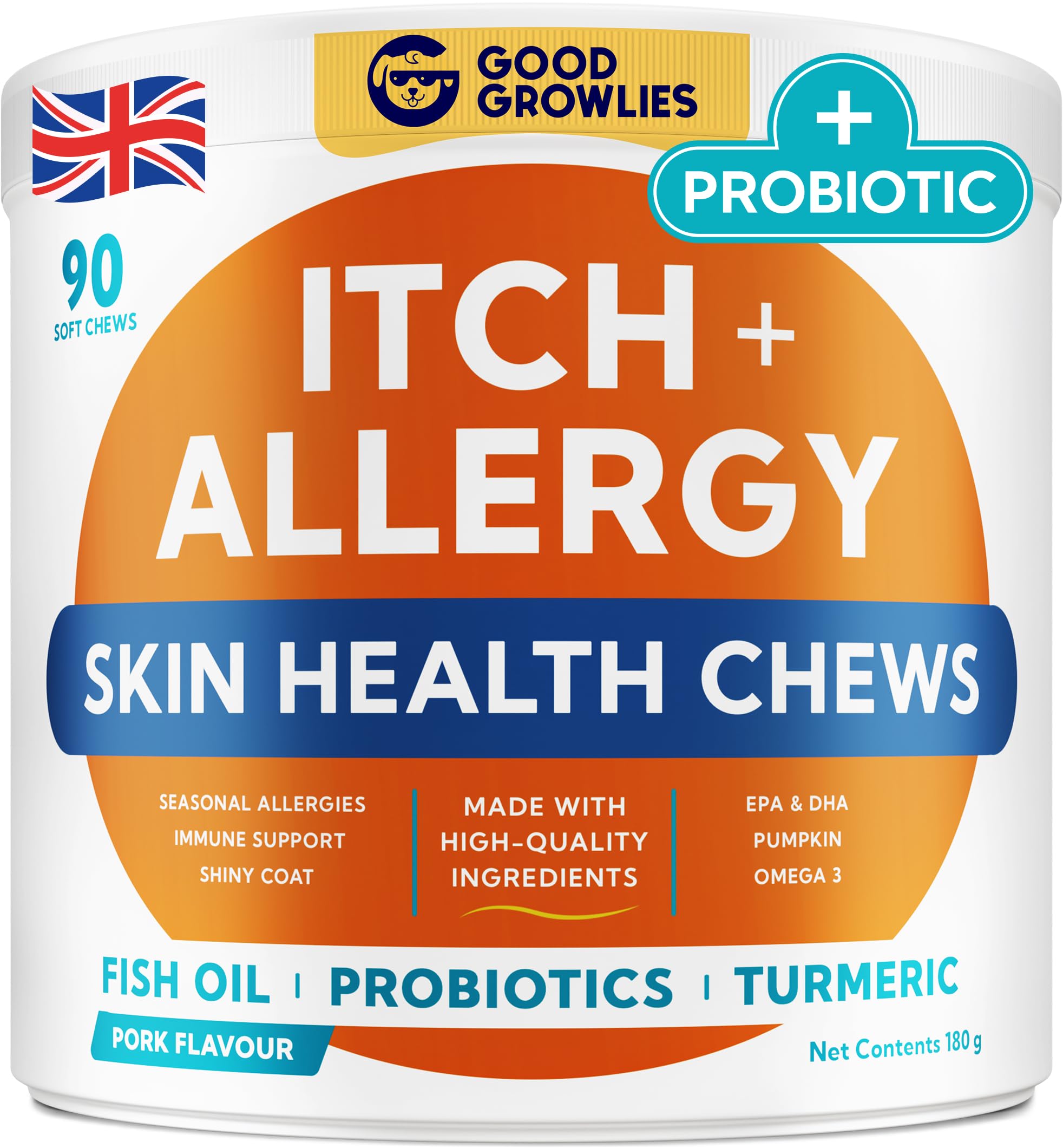 GOODGROWLIES Itchy Dog Skin Relief - Allergy Support Chews - Skin & Coat Supplement - Omega 3 Fish Oil - Itching & Paw Licking - Dry Skin & Hot Spots - 90ct/Pork