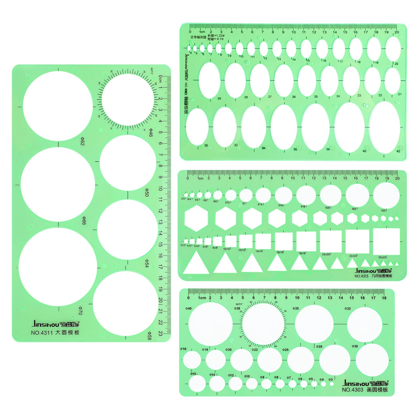 Abeillo 4pcs Geometric Template Rulers, Modern Plastic Circle & Oval Stencils for Drawing, Measuring, Drafting, Design, Construction