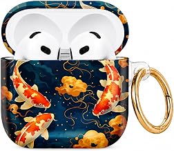Compatible with AirPod 4 Case 2024, Hard Shell Protective Cover with Gold Ring Keychain, Cute Anti-Scratch Case forAirpod 4th Generation Women Men - Koi Fish Clouds Swirls