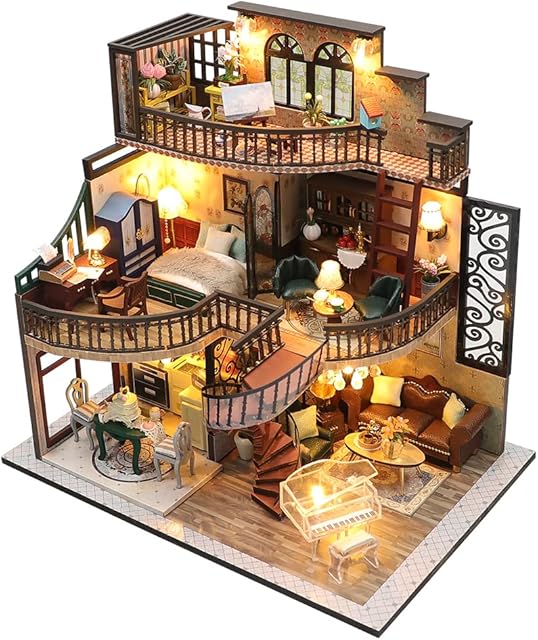 CUTEBEE DIY Miniature Dolls House Kit, Wooden DollHouse with Furniture and LED Light, Model kits for adults to build, 1:24 Scale Creative Mini Room Idea (Dream Building Pavilion House)