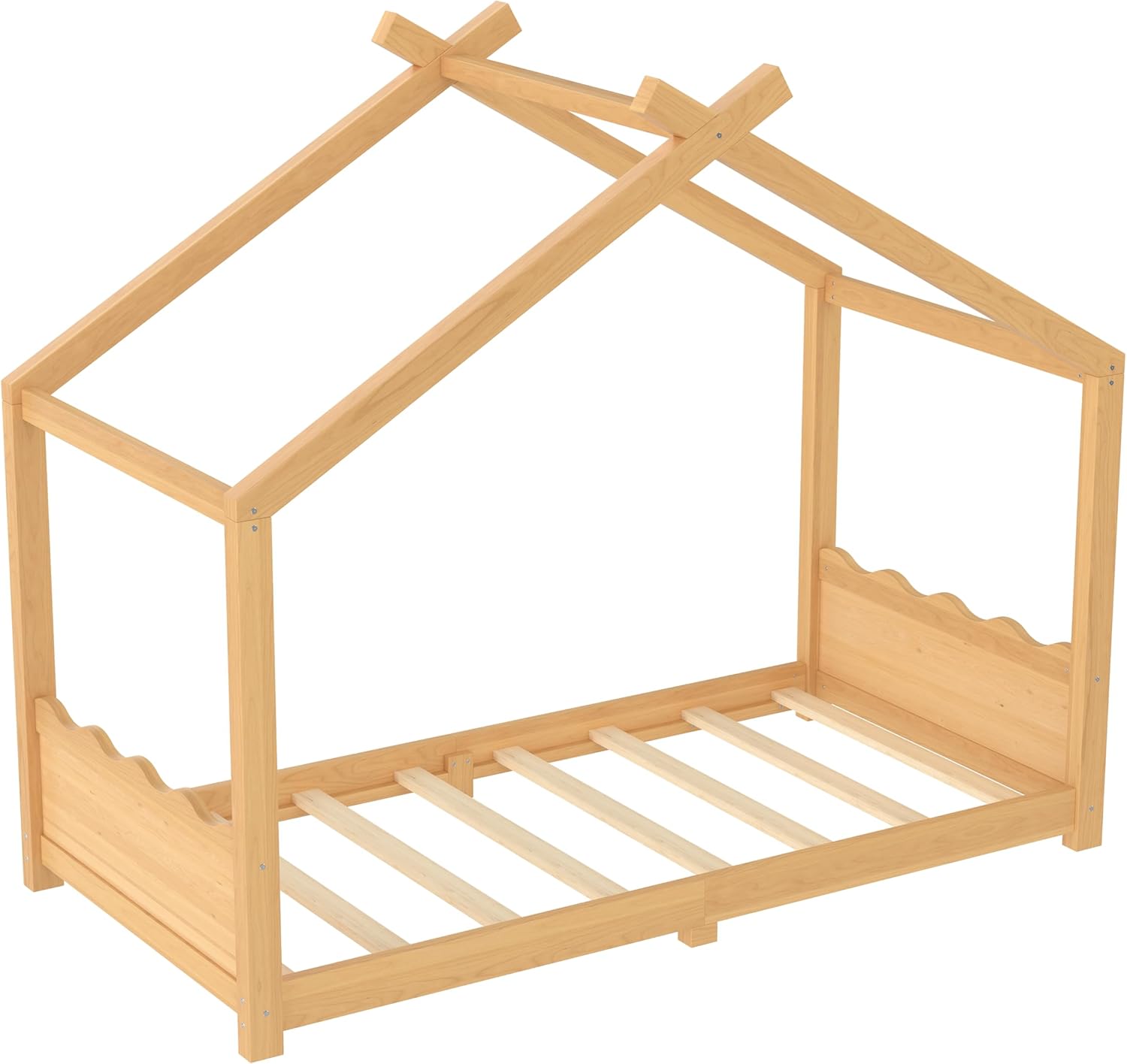 Twin Size Wooden House Floor Bed - Kids Bed Frame with Roof & Support Slats for Bedroom, No Box Spring Needed, Easy Assembly (Natural)
