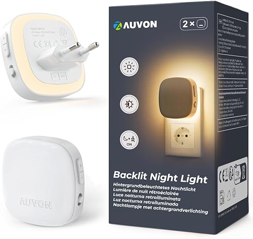 Auvon Night Light Socket with Motion Sensor and Twilight Sensor Pack of 2 | 2200K Warm White LED Backlit Night Light with 1-50 lm Brightness Adjustable for Hallway Bedroom Stairs Bathroom Children