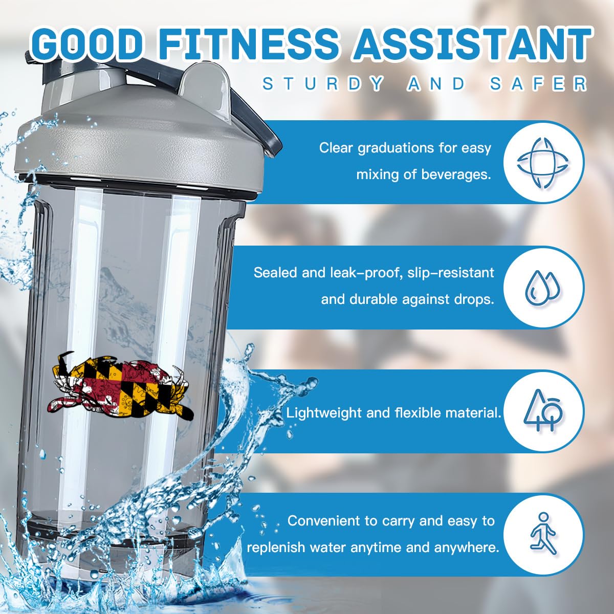 Maryland Chesapeake Bay Blue Crabs5 18 Ounce Shaker Bottle Drink Mixer Leak-proof Pre Workout Protein Shakes Meal Replacement Shakes Bottles 500ML/18 Oz Gray