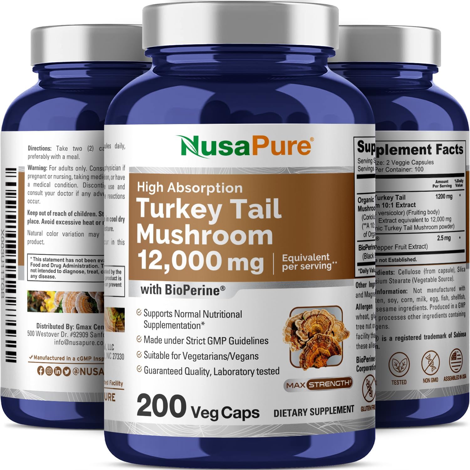 NusaPure Turkey Tail Mushroom Capsules, 10:1 Extract, 1200 mg Equivalent to 12,000mg, 200 Vcaps, Non-GMO, Gluten Free, Bioperine - Image 4