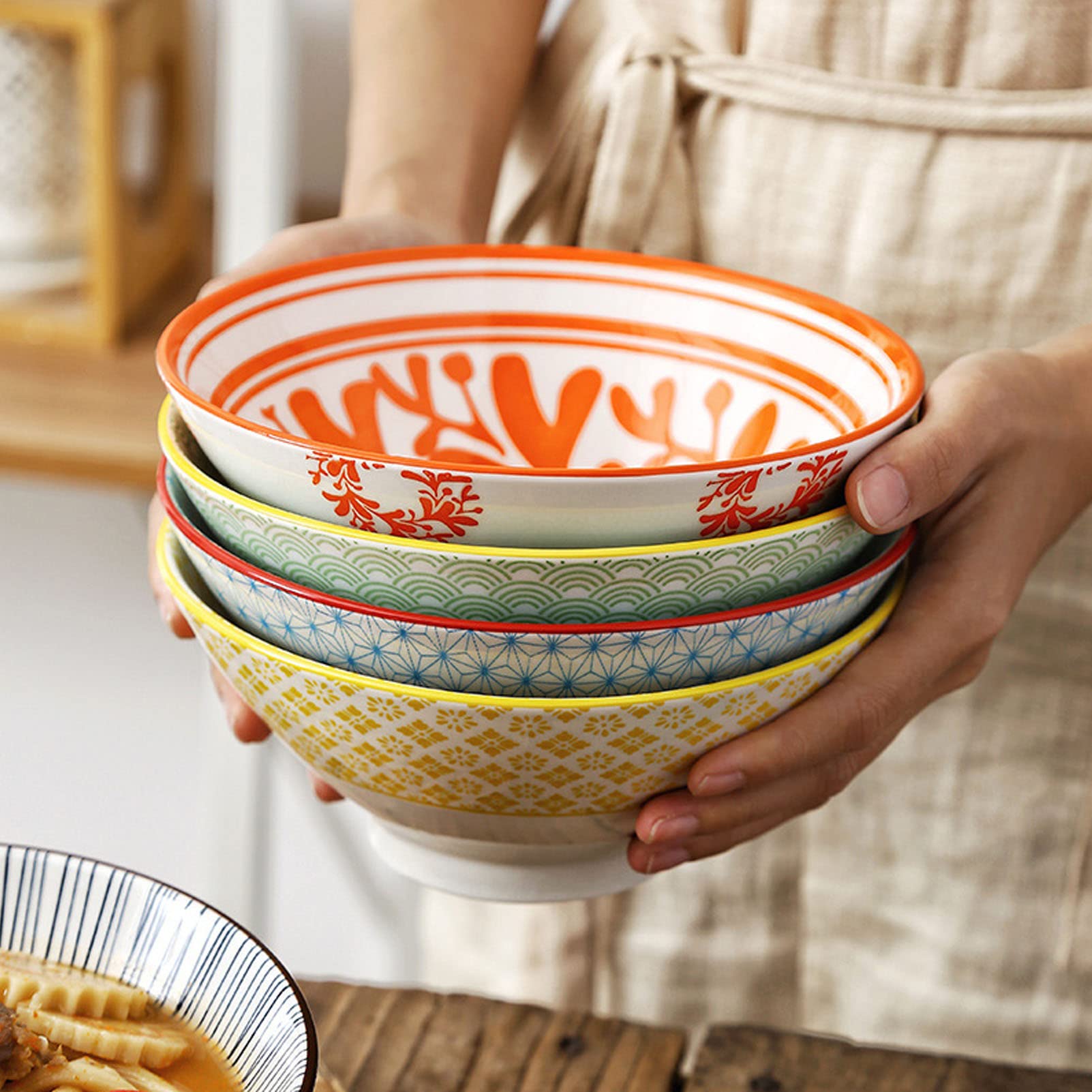 Conjunto de tazón de cerámica con fluidez, Cuencos de Sopa de época 30 oz para Cereales, Ensalada, Pasta, Sopa, lavavajillas Caja Fuerte de microondas - Conjunto de 4 (Multi)