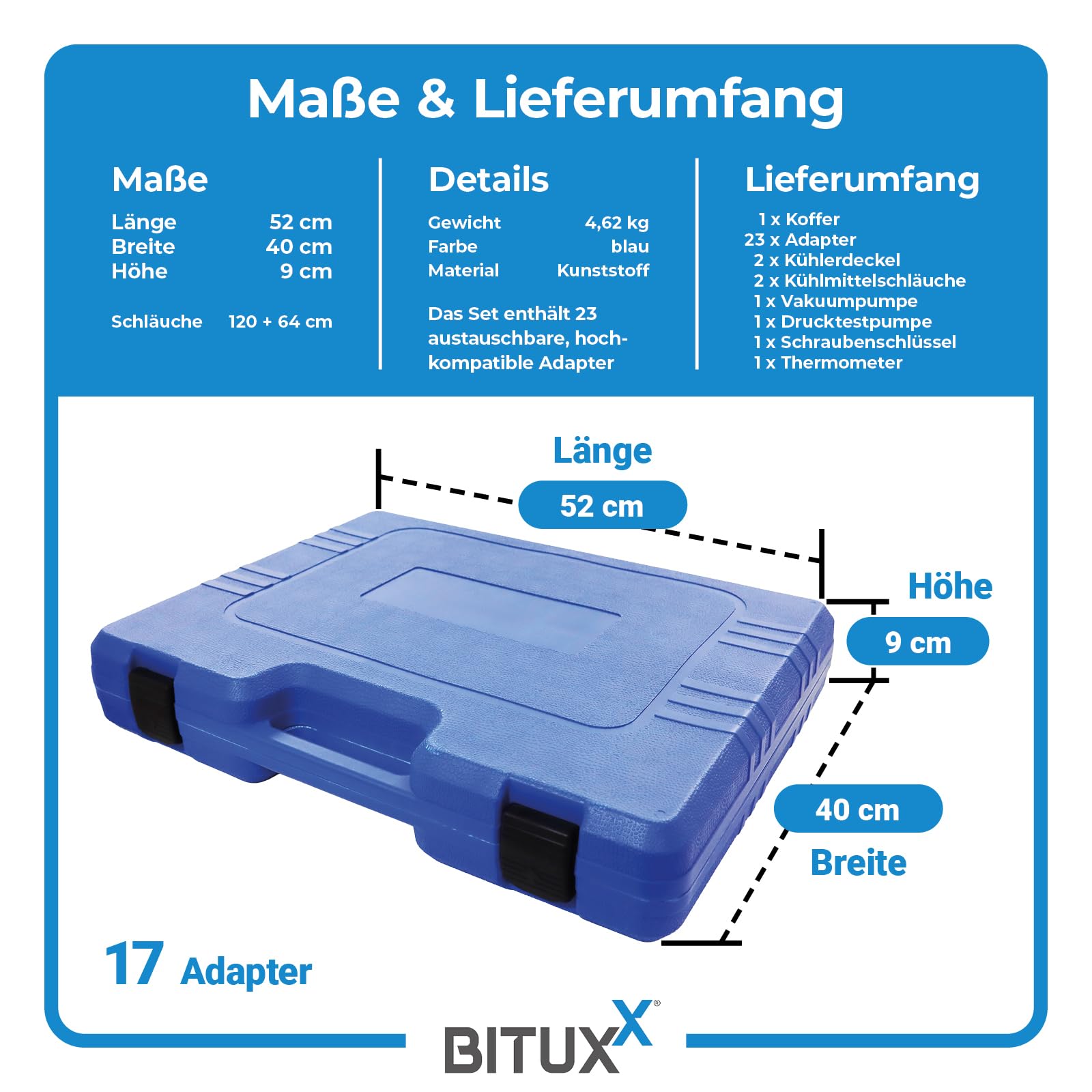 BITUXX 34tlg. Kühlsystem Abdrückgerät Entlüftungsgerät Kühlmittel Vakuum Befüllgerät Entlüften Pneumatisch KFZ PKW Werkstatt