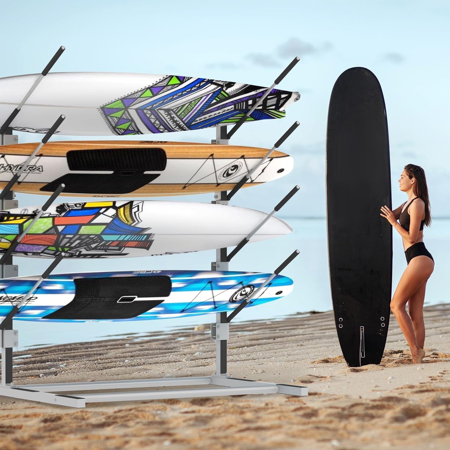Nisorpa Support de rangement pour kayak à 4 niveaux, support de rangement réglable et autonome pour planche de surf, support de kayak robuste avec tapis en silicone antidérapant et mousse pour