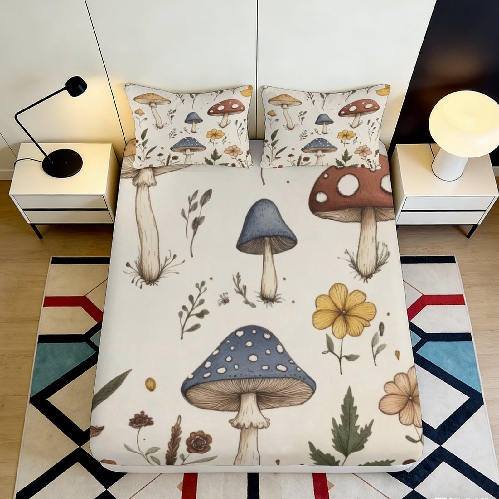 3D Printed Botanical Mushroom Fitted Sheet Microfiber Soft Breathable Forest Floral Bed Cover for Bedroom Guest Room Decor 90x200x25cm