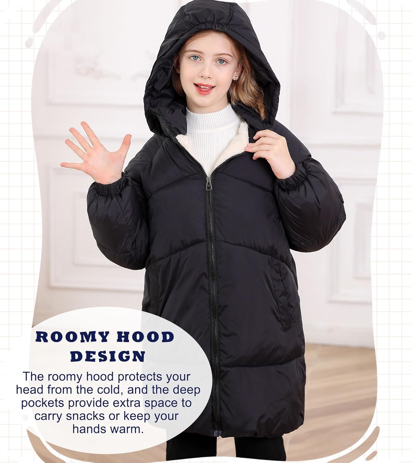 UNIFACO Girls Winter Coats Hooded Puffer Jackets Medium Length Down-like Cotton Coats Snow Outwear 5-12Y - Image 4