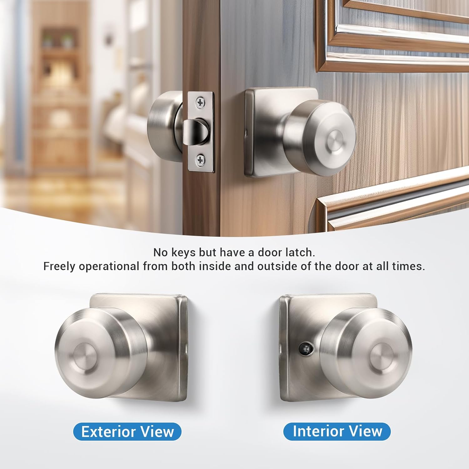 KNOBWELL Brushed Nickel Door Knobs, Square Interior Door Knobs, Closet Door Knob for Passage, Hallway, Keyless Stainless Steel Indoor Door Knob, 6 Pack