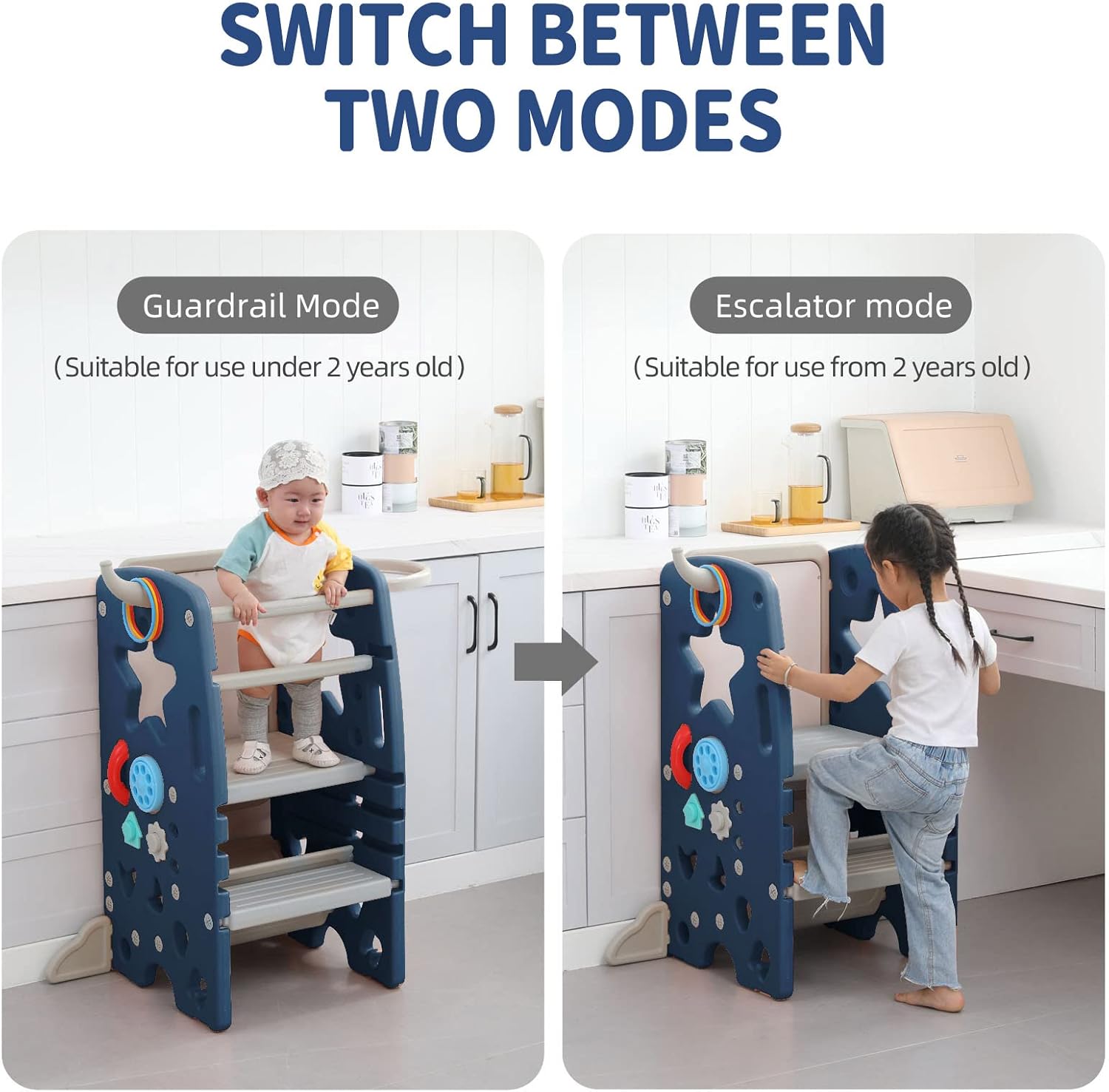 Multifunctional Kids Step Stool w/Double Safety Rails, Height Adjustable, Toddler Helper Tower for Kitchen Countertop and Bathroom w/Drawing Board & Storage (OMLT-Dark Blue)