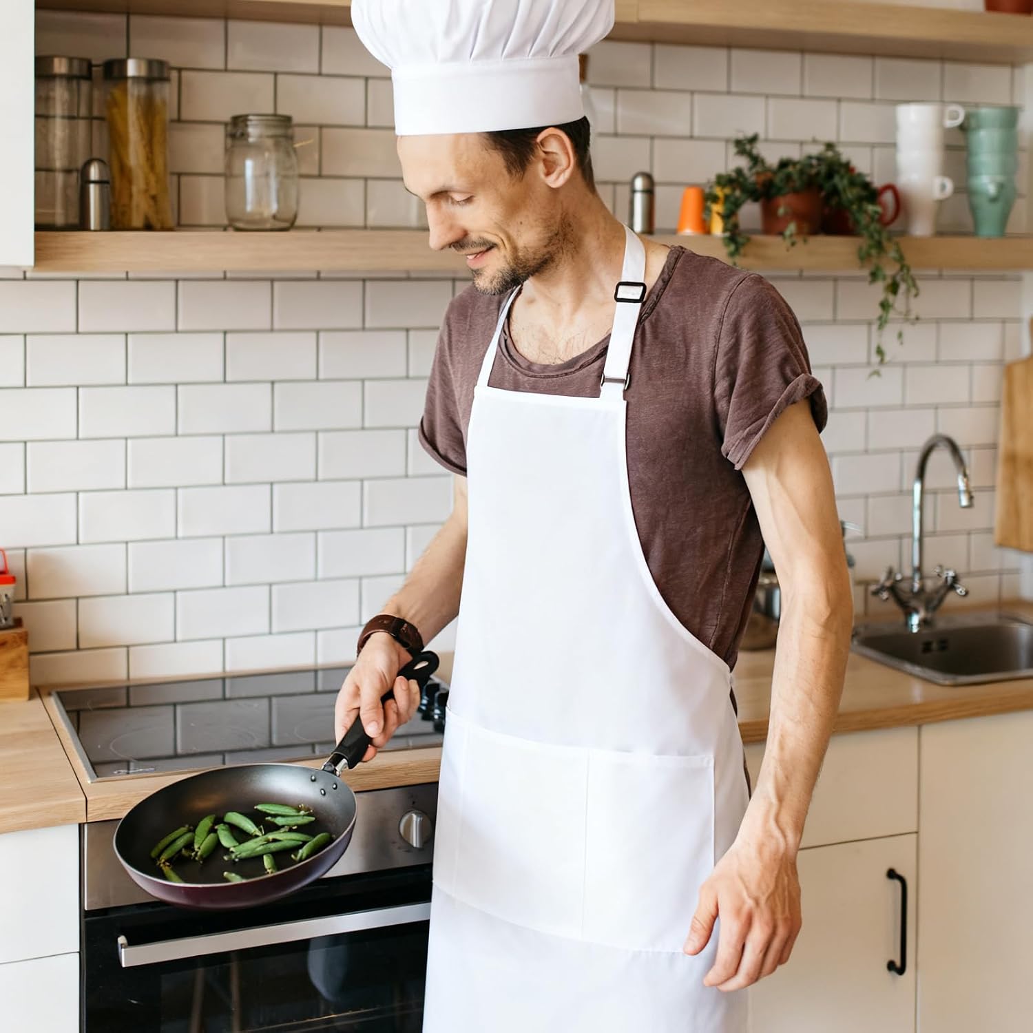 2 Pack White Chef Apron Set, Bib Apron with 3 Pockets & Adjustable Hat for Bakers, Cooking Enthusiasts & Kitchen Staff