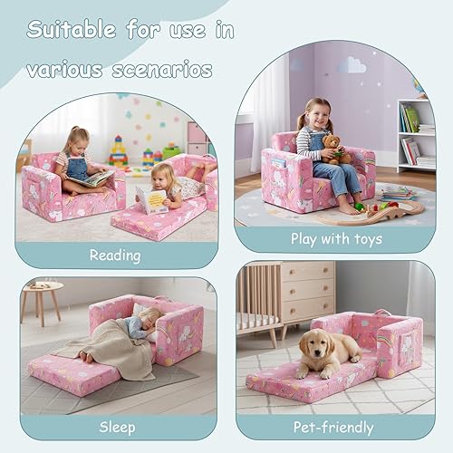 Miniatura 4 de Tiita Silla Sofá para Niños, Silla Cómoda Plegable para Niños Pequeños, Sofá de Felpa 2 en 1 Desplegable para Niños, Sofá con Reposabrazos de Bebé a
