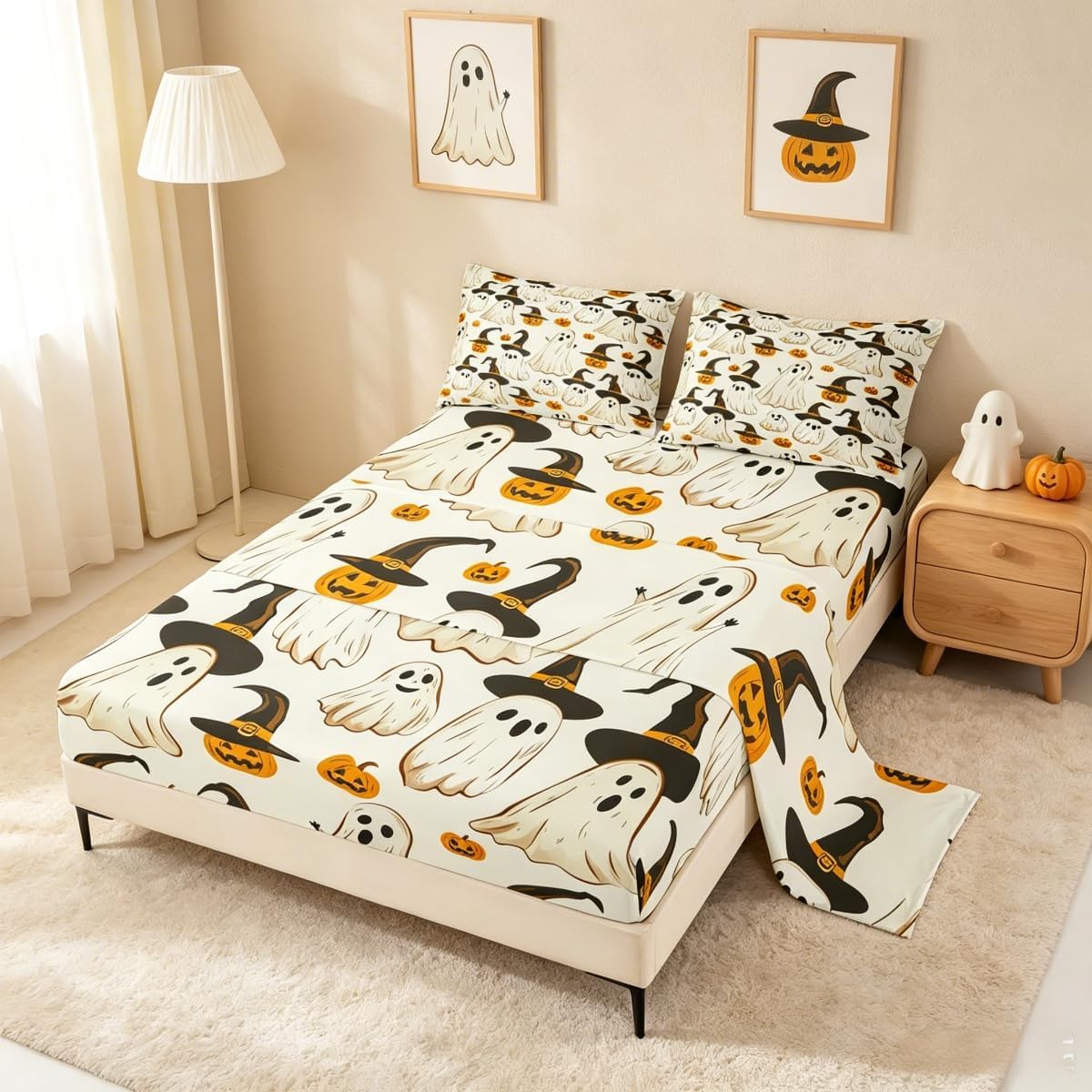 Feelyou Halloween Bed Sheets Set Full Size Pumpkin & Ghost Bed Set for Kids Boys Girls Witch Hat Deep Pocket Fitted Sheet Breathable Soft Lightweight Microfiber