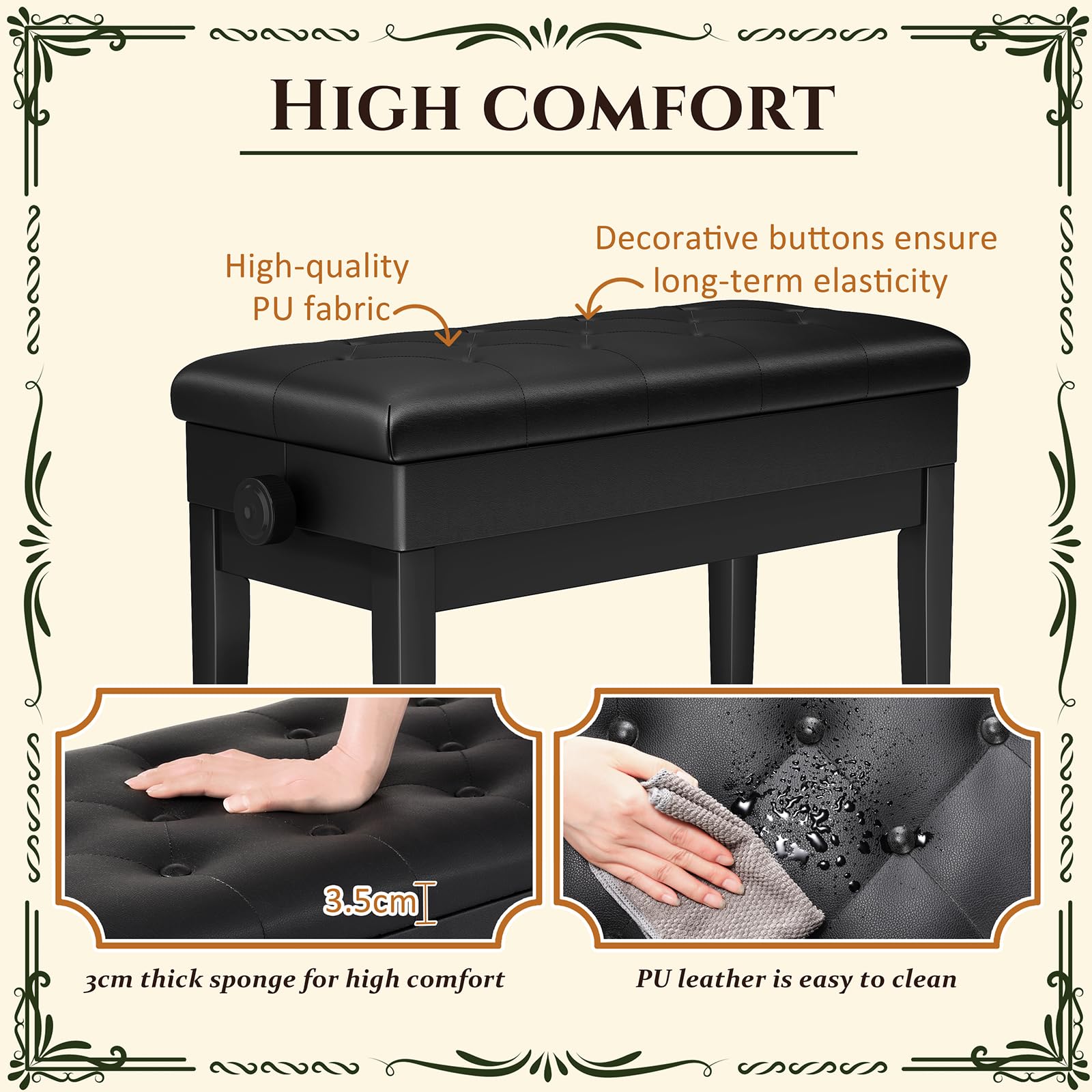 Clevich Sgabello per pianoforte, regolabile in altezza, 48 – 58 cm, con vano portaoggetti, panca per pianoforte con cuscino in pelle PU, sedia per pianoforte, resistente, portata fino a 200 kg, nero