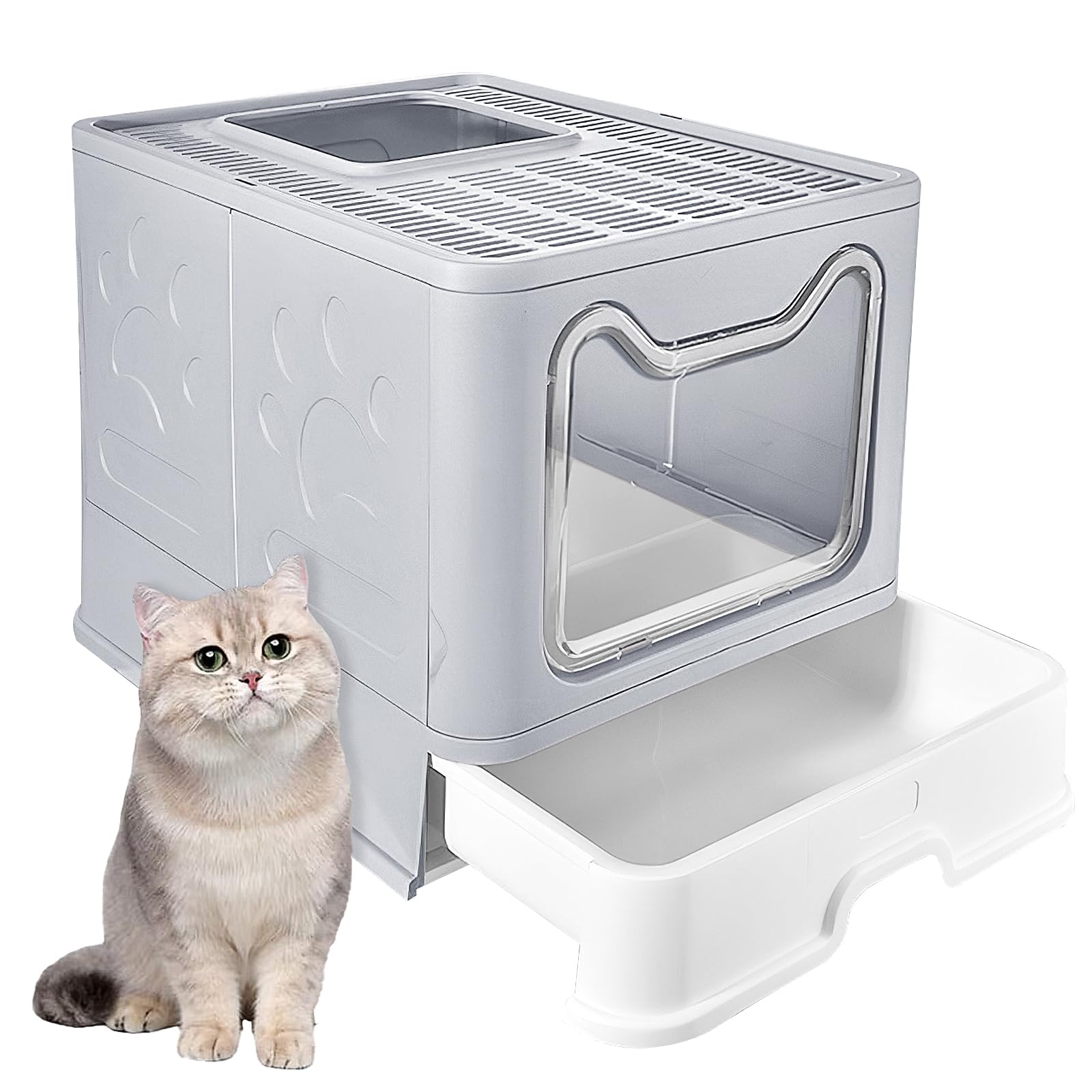 Foldable Cat Litter Tray,Cat Litter Box with Front Entry Top Exit, Large Kitty Litter Pan Kitty Litter Box with Lid & Pet Litter Shovel for Outdoor, Indoor,Travel-Pink (Gray)