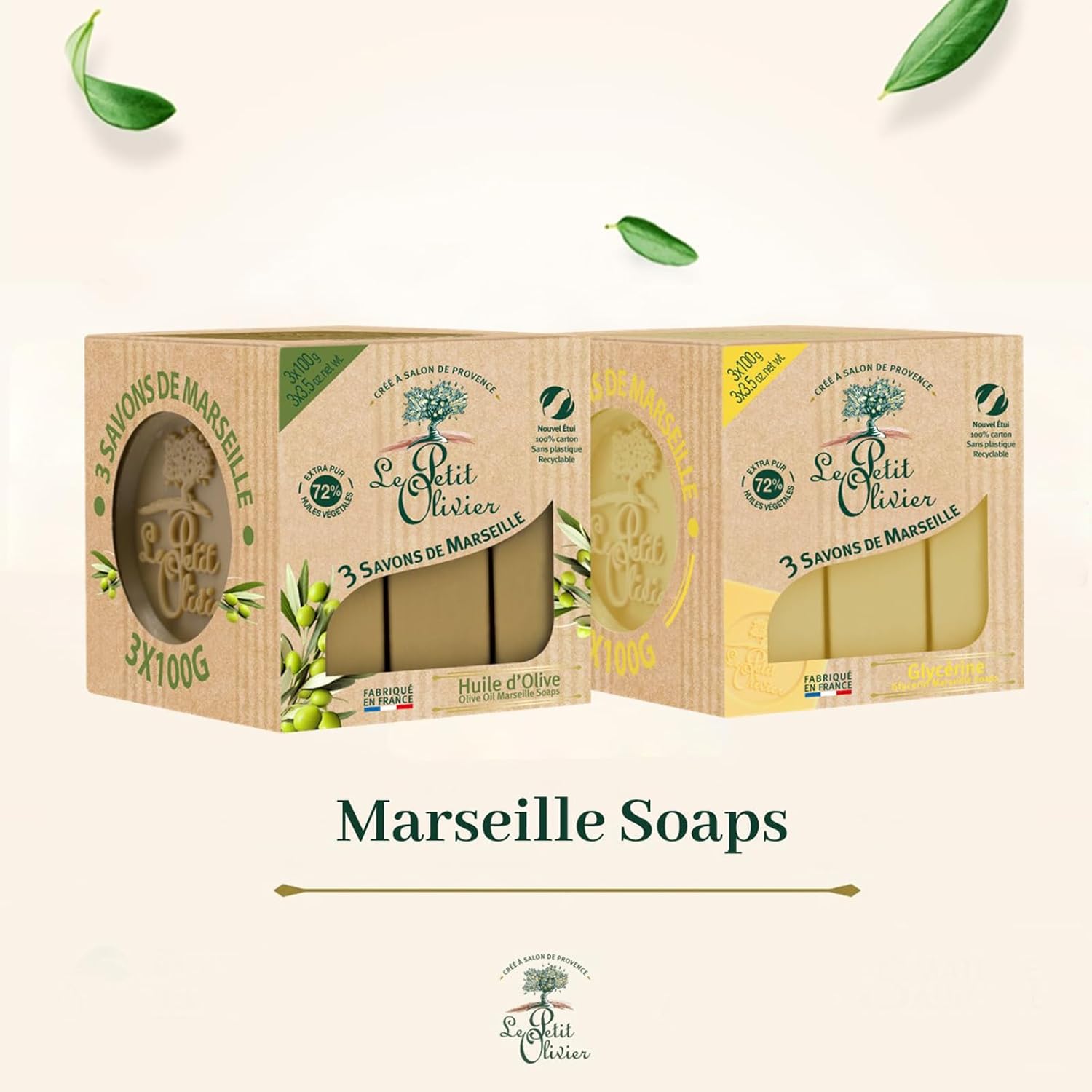 Le Petit Olivier Olive Oil Marseille Soaps, 3 x 3.5 oz - Enriched with Olive Oil and Natural Extracts - Mild and Gentle - Cruelty-Free - Paraben-Free - Natural Soap