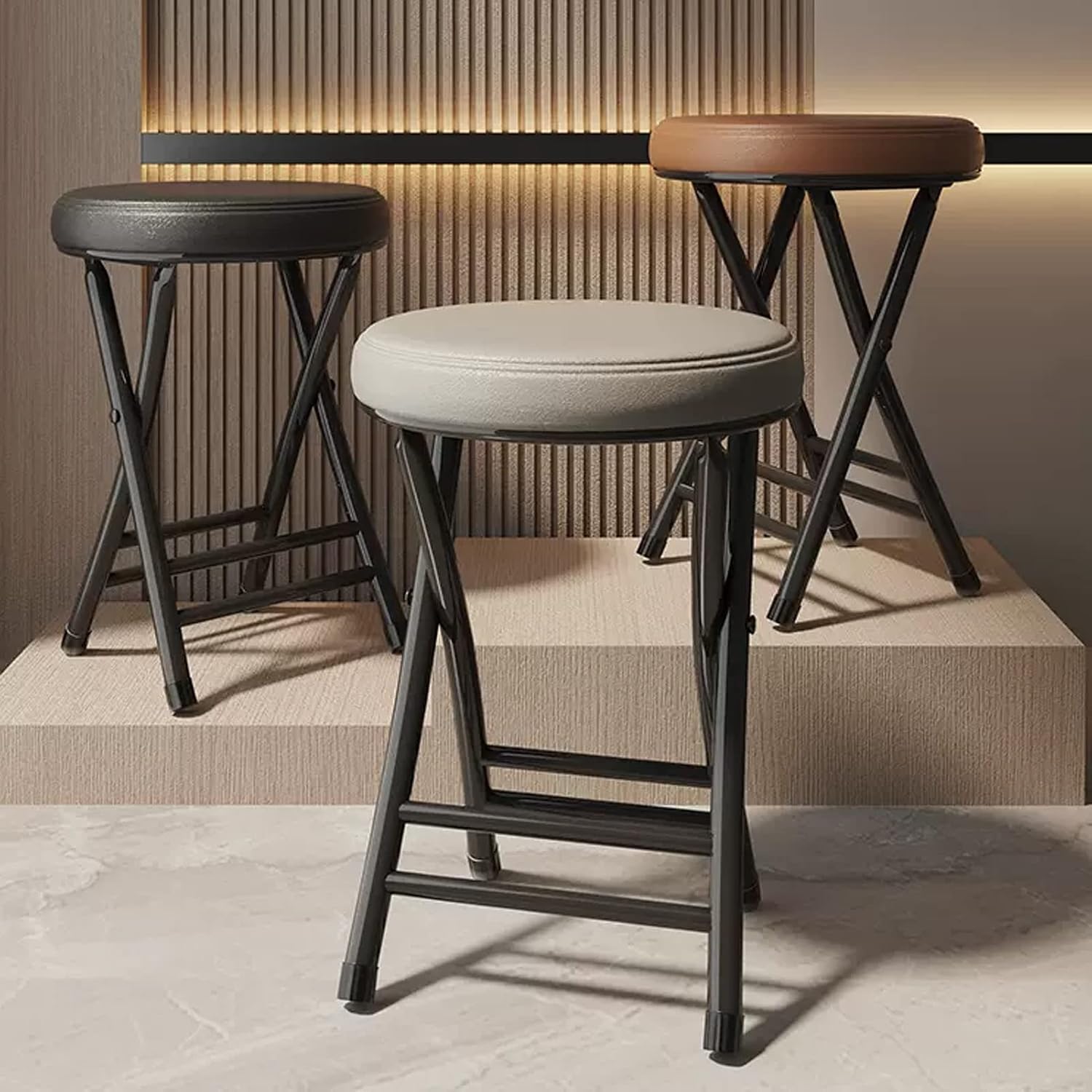Home Folding Stool, 50cm Backless Folding Chair with 300lb Capacity, Foldable Padded Round Stool for Kitchen, Recreation Room, or Game Room (Color : Brown)