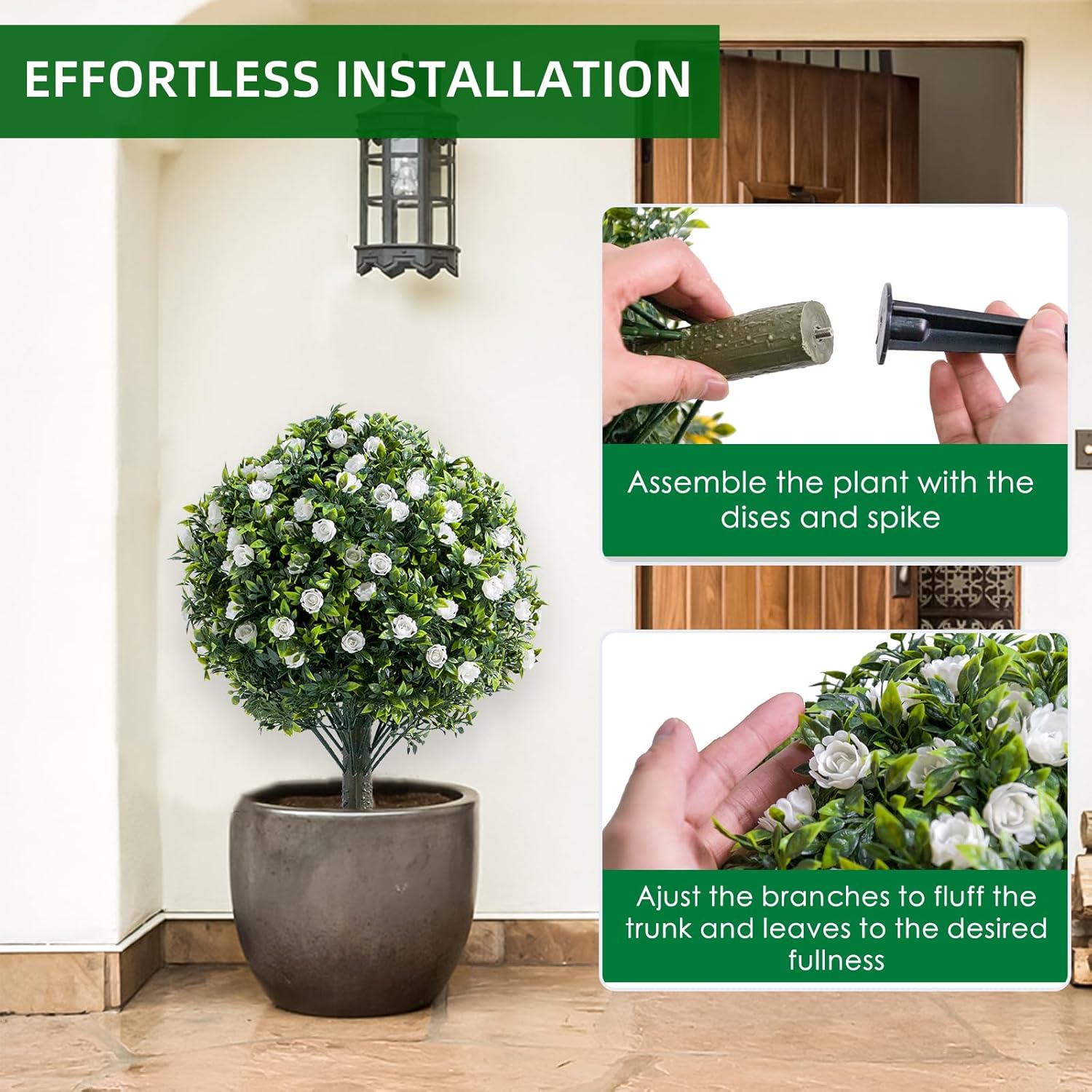 GarveeHome 23.6 in Artificial Topiary Flower with Ground Spike Set of 4,Artificial Topiary Ball Trees with Rose Flowers, PE Fake Plants with Metal Stakes for Indoor and Outdoor Decor,4 Pack,White