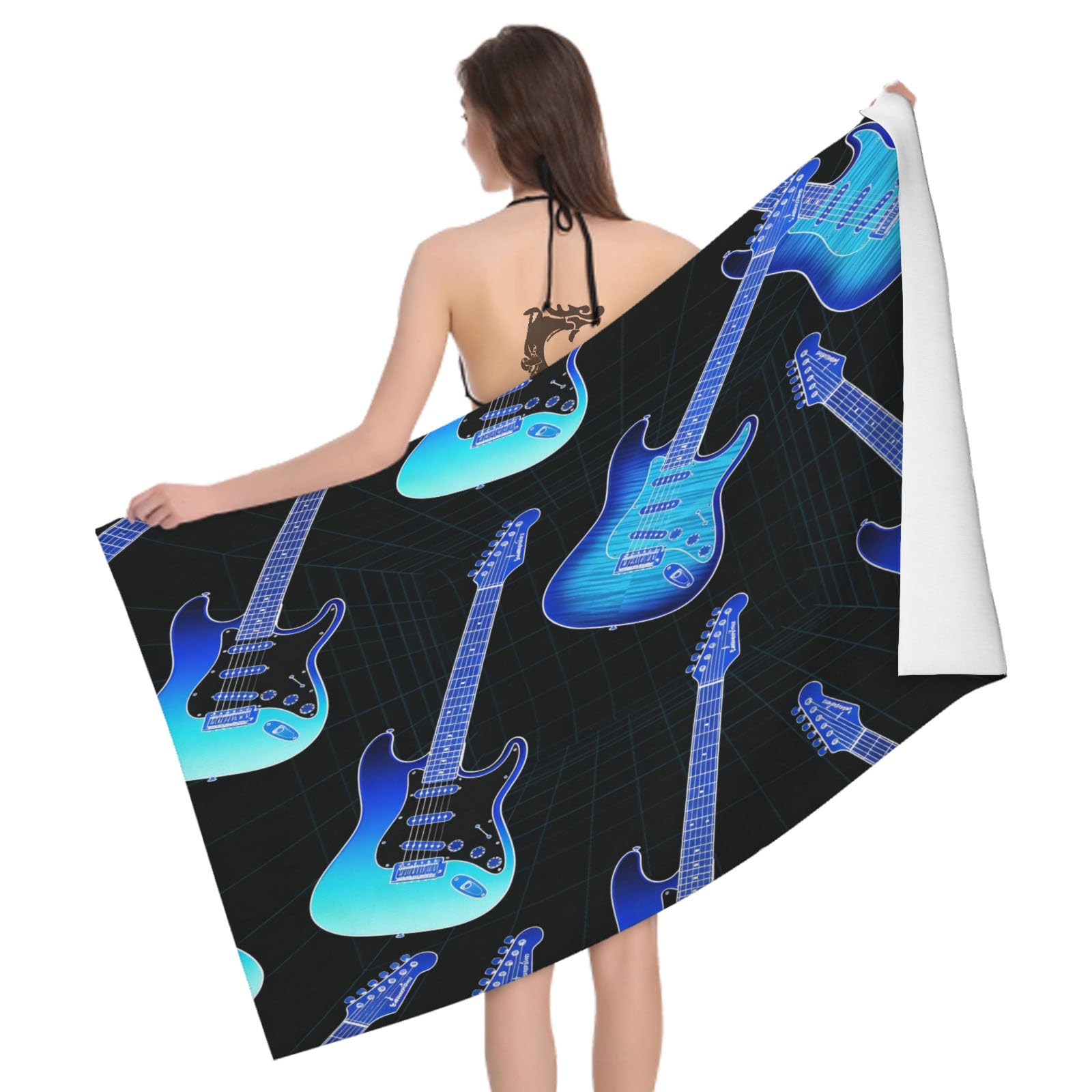 Leichong 3D Cartoon Guitar Beach Towel Microfiber Soft Quick Dry for Adults, Cartoon Bath Towel Lightweight Soft Absorbent for Travel Swimming Pool Sports, 75 x 150 cm