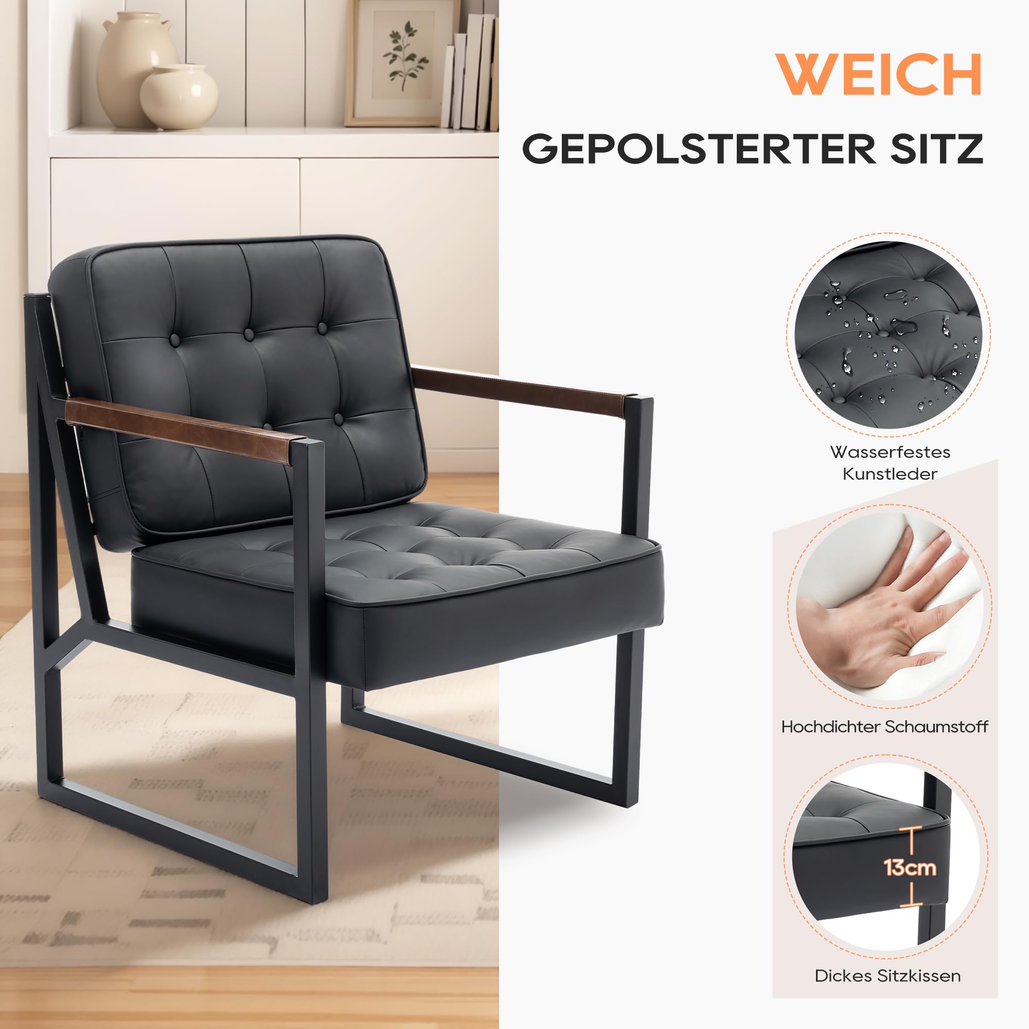 COLAMY Ohrensessel Sessel Wohnzimmer 2er Set, Leder Accent Chair, Mid Century Modern Kunstleder Empfangssessel mit Metallbeinen für Wohnzimmer Schlafzimmer Empfangsraum Wartezimmer, Schwarz