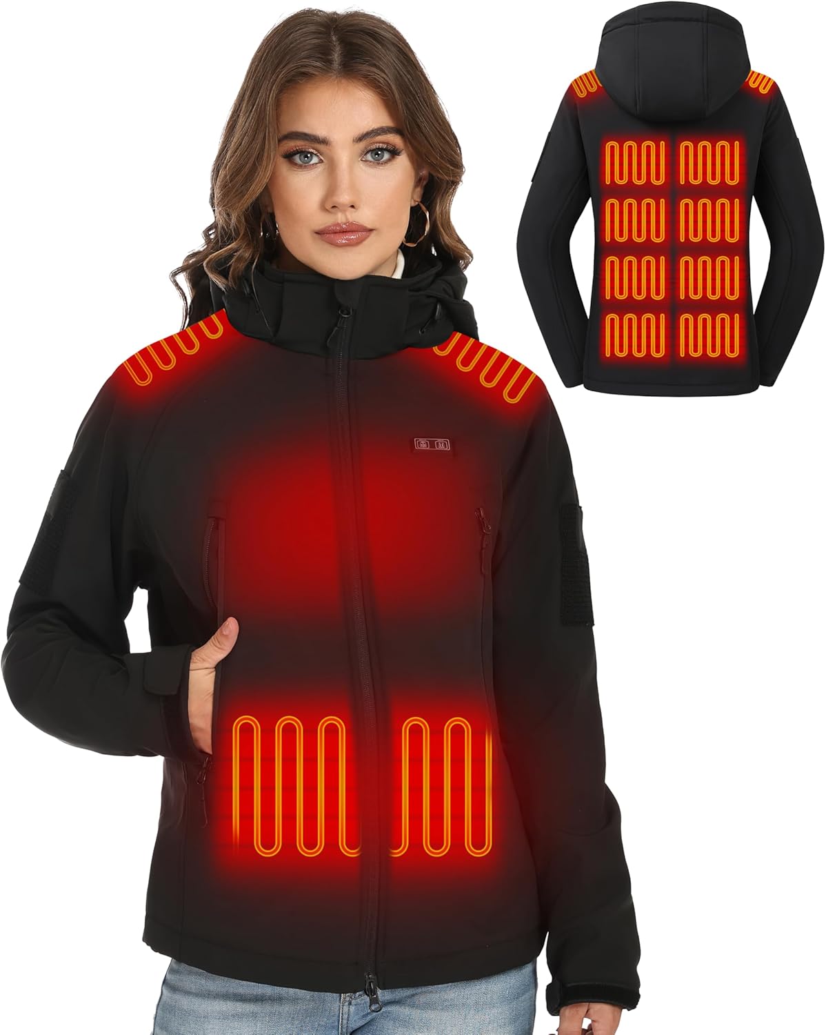 Womens Heated Jacket with 16000mAh Battery, 12 Heating Zones, Waterproof Heating Jacket Coat with Detachable Hood