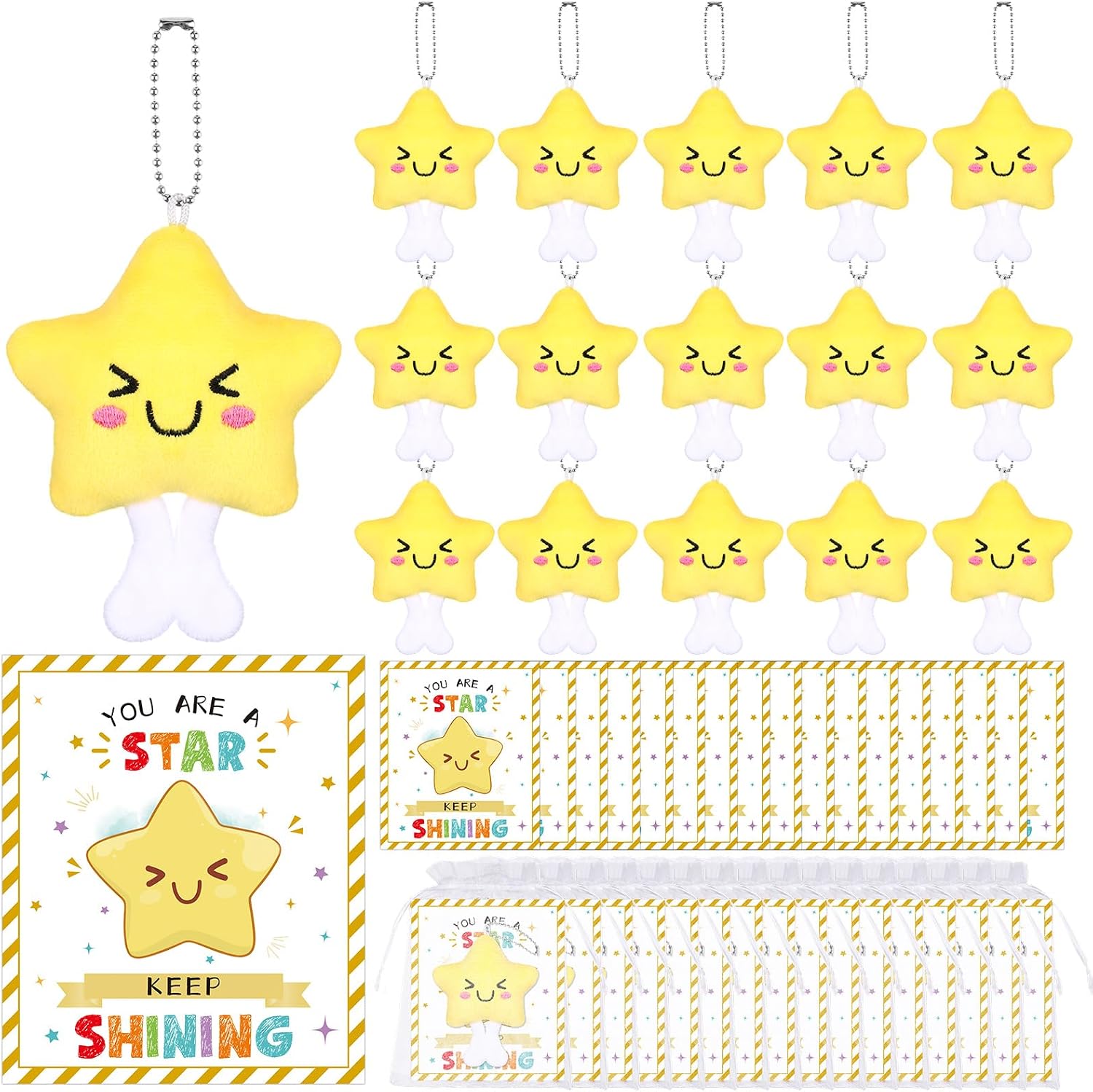 36 Sets Back to School Cute Keychain Bulk Smile Face Star Keyring