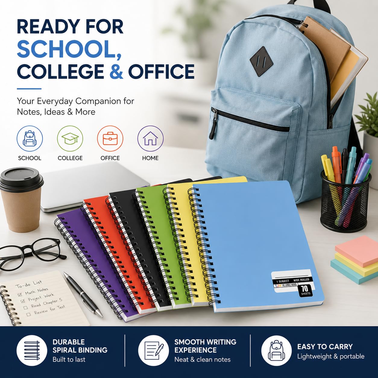 Quaderni a spirale Confezione da 36, 1 soggetto, quaderni a righe universitarie, 70 fogli, 26,7 x 19,1 cm, pagine di qualità, copertina resistente, quaderni per lavoro 6 colori